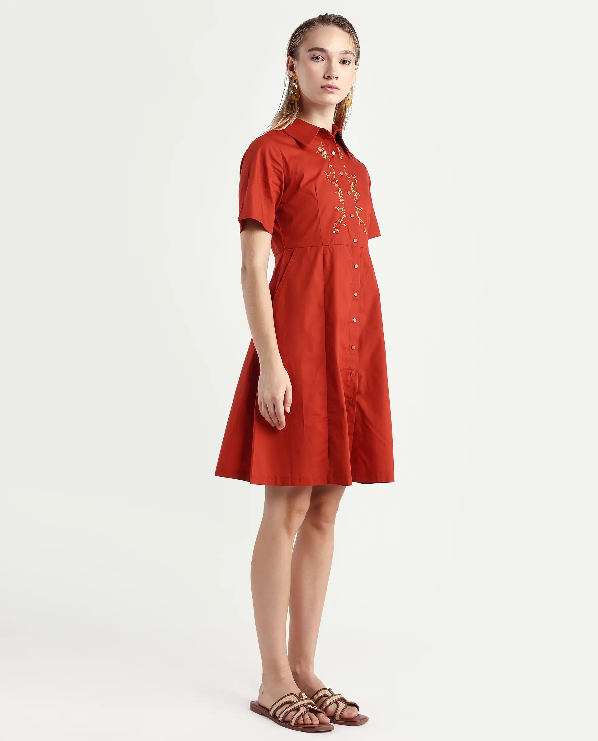 Rareism Women's Ronaj Rust Cotton Spread Collar Plain Knee Length Fit And Flare Dress - Image 6