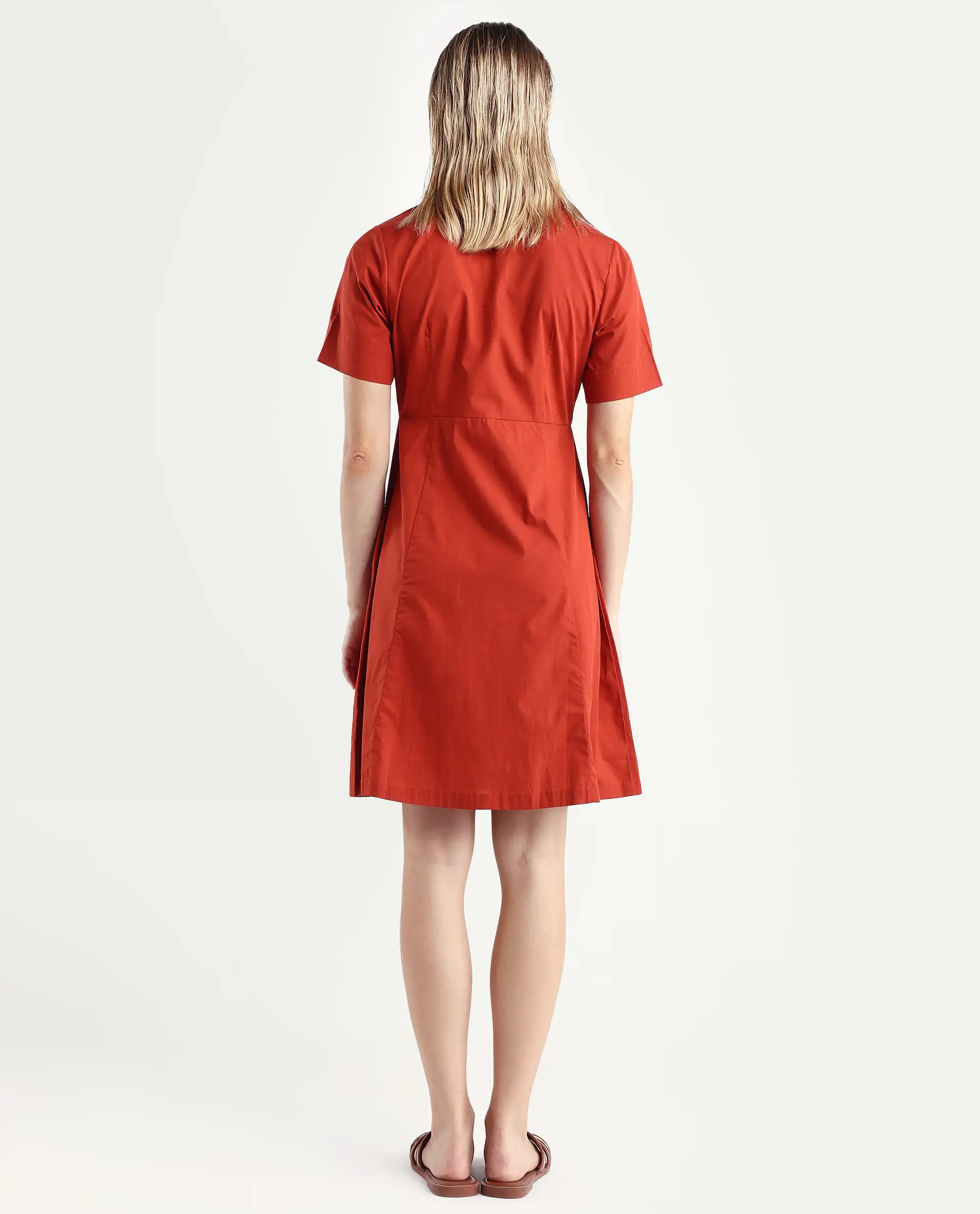 Rareism Women's Ronaj Rust Cotton Spread Collar Plain Knee Length Fit And Flare Dress - Image 7