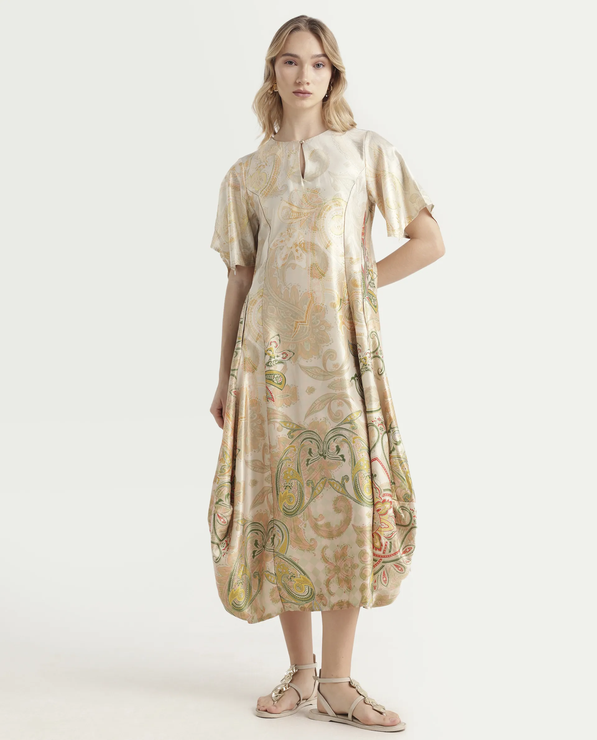 Rareism Women's Ronak Beige Polyester Blend Key Hole Neck Paisley Print Asymmetric Sleeve Midi Relaxed Fit Dress - Image 2