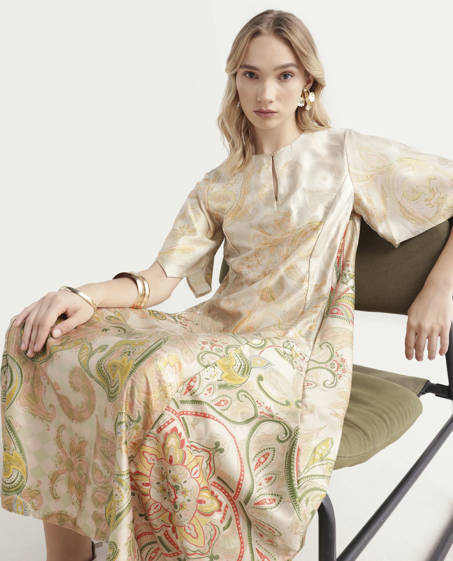 Rareism Women's Ronak Beige Polyester Blend Key Hole Neck Paisley Print Asymmetric Sleeve Midi Relaxed Fit Dress - Image 3