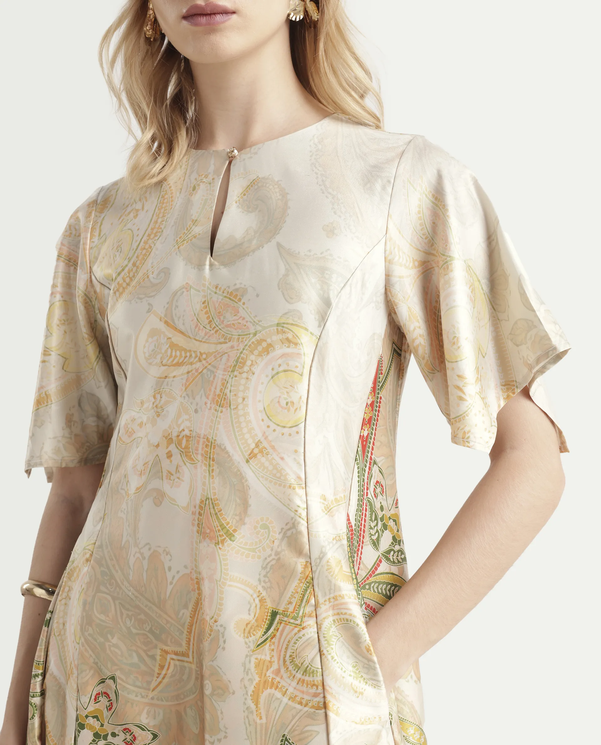 Rareism Women's Ronak Beige Polyester Blend Key Hole Neck Paisley Print Asymmetric Sleeve Midi Relaxed Fit Dress - Image 4