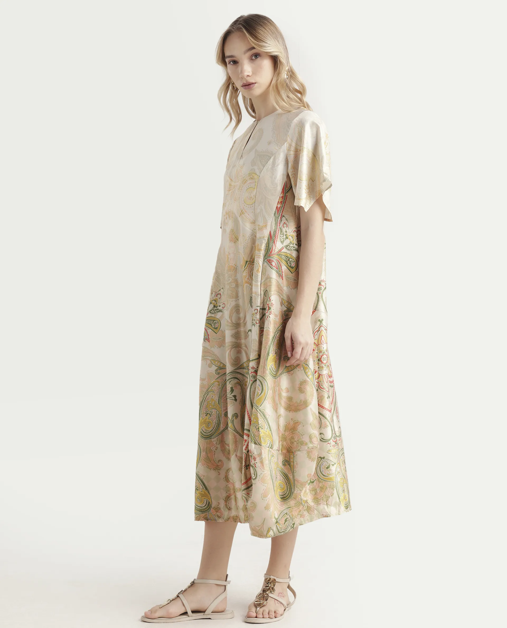 Rareism Women's Ronak Beige Polyester Blend Key Hole Neck Paisley Print Asymmetric Sleeve Midi Relaxed Fit Dress - Image 5