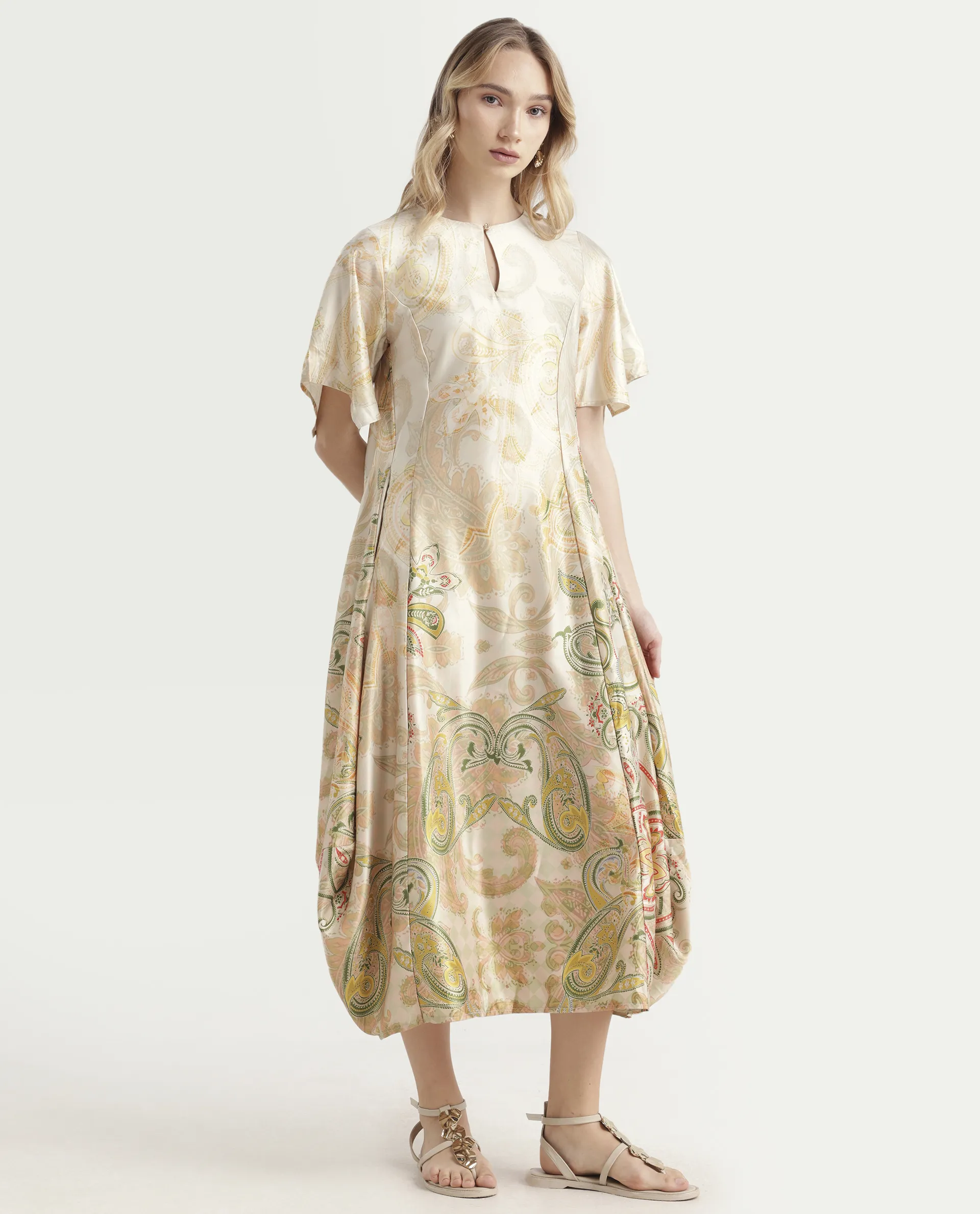 Rareism Women's Ronak Beige Polyester Blend Key Hole Neck Paisley Print Asymmetric Sleeve Midi Relaxed Fit Dress - Image 6