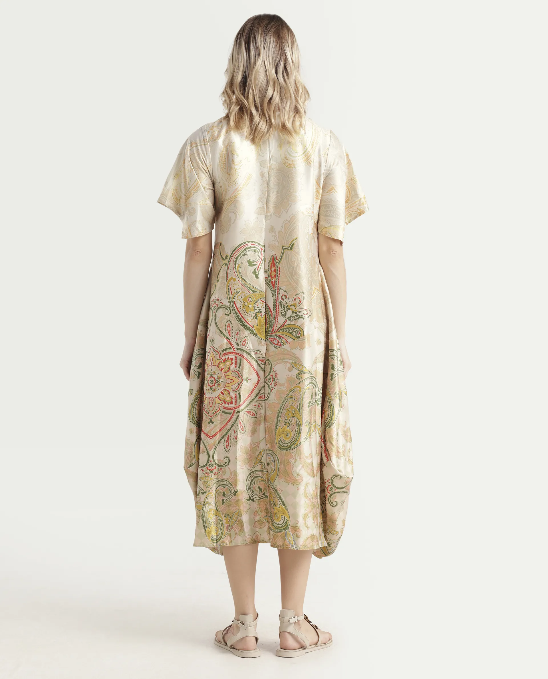 Rareism Women's Ronak Beige Polyester Blend Key Hole Neck Paisley Print Asymmetric Sleeve Midi Relaxed Fit Dress - Image 7