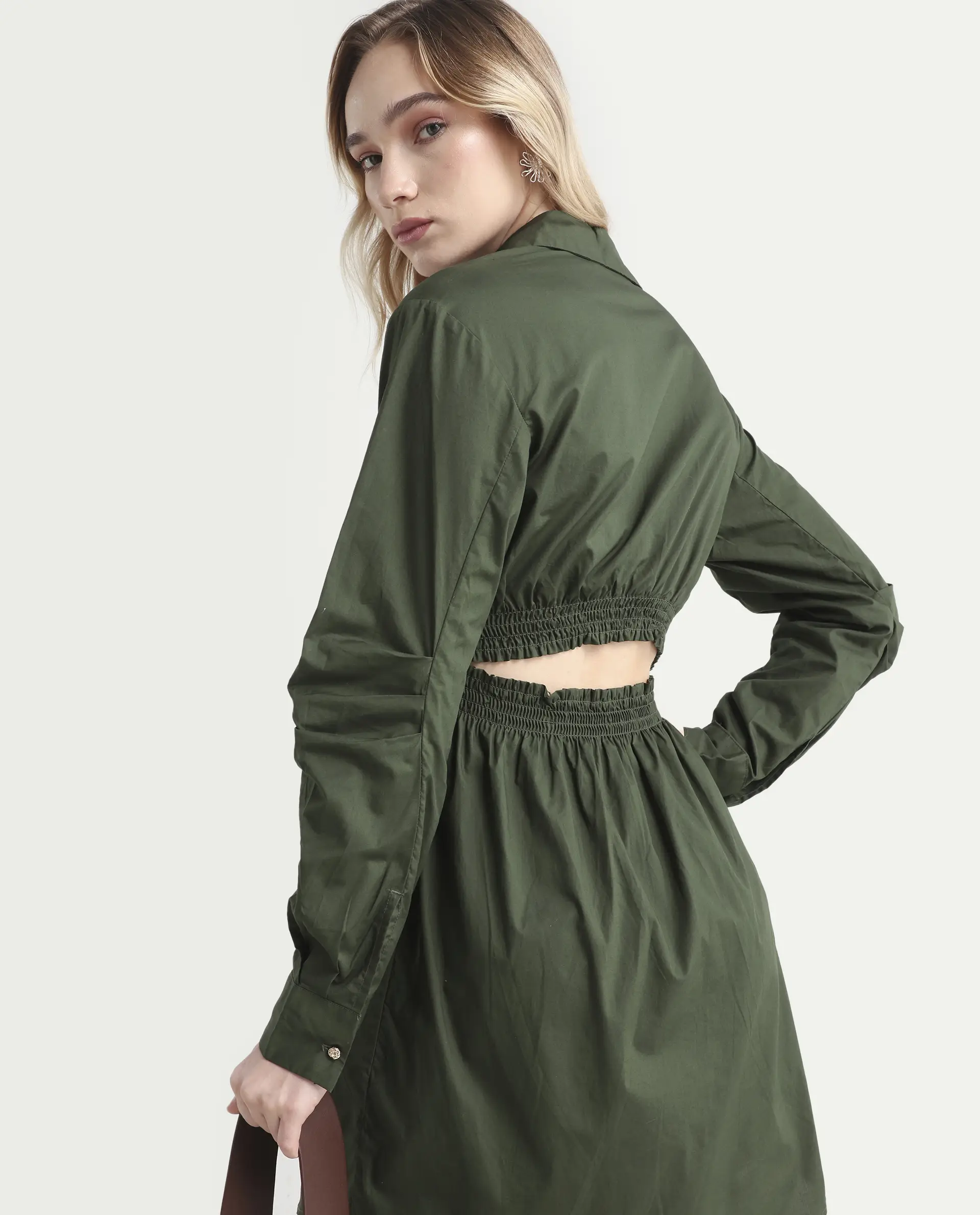 Rareism Women's Ronal Dark Olive Cotton Spread Collar Plain Cuffed Sleeve Knee Length A-Line Dress