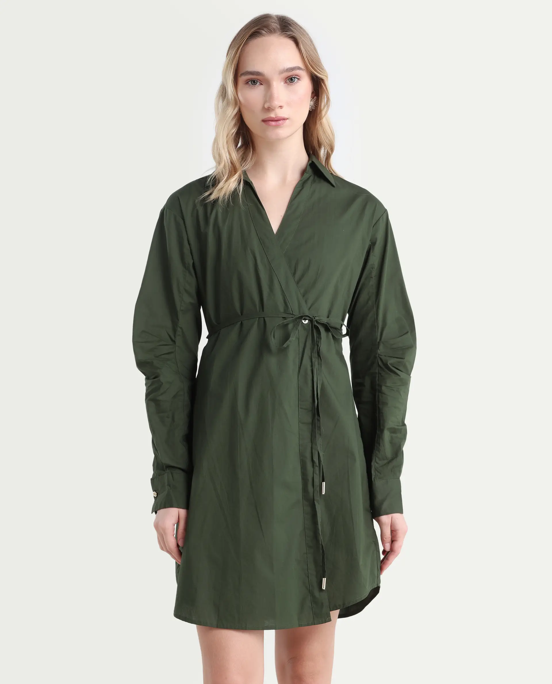 Rareism Women's Ronal Dark Olive Cotton Spread Collar Plain Cuffed Sleeve Knee Length A-Line Dress - Image 3