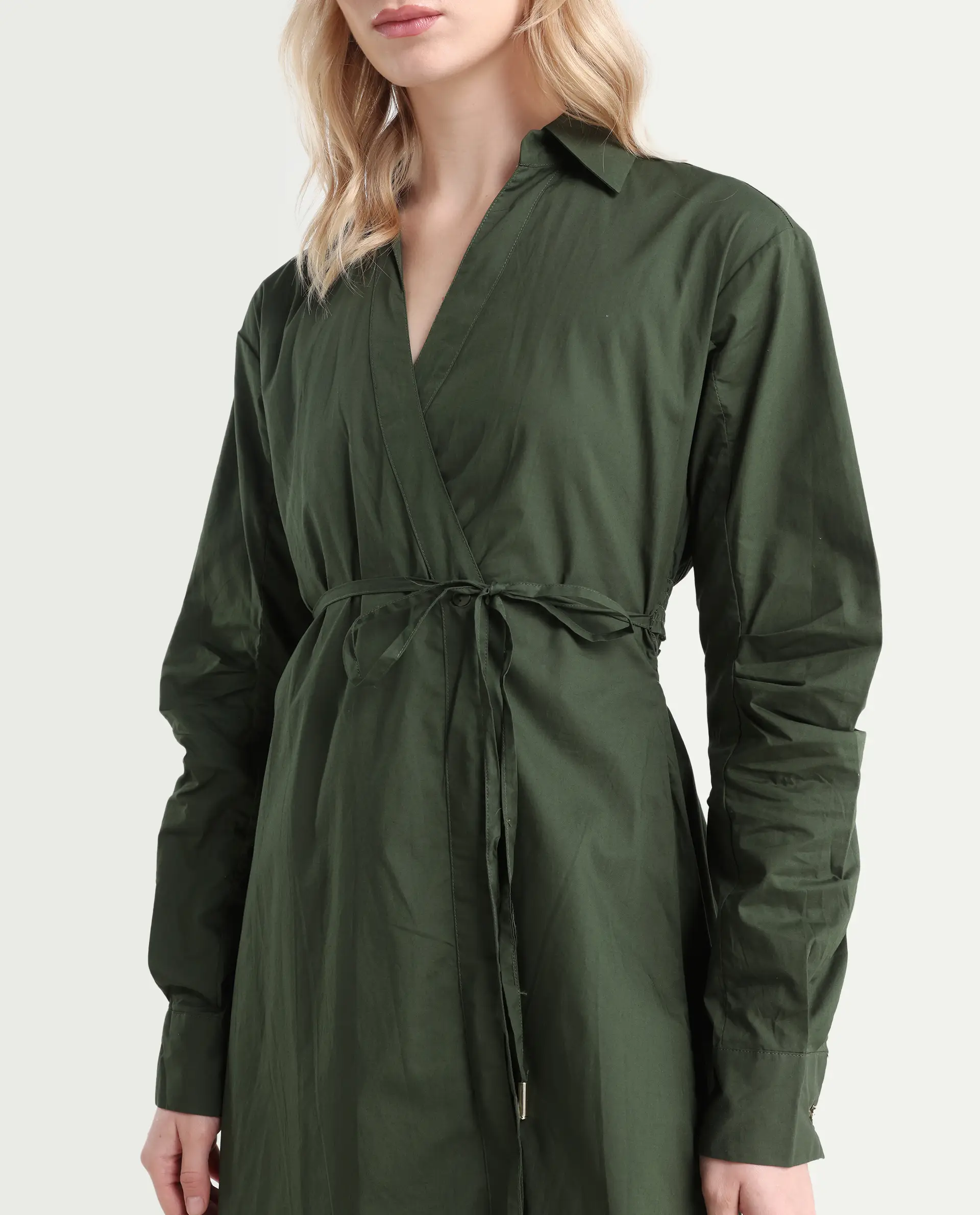 Rareism Women's Ronal Dark Olive Cotton Spread Collar Plain Cuffed Sleeve Knee Length A-Line Dress - Image 4