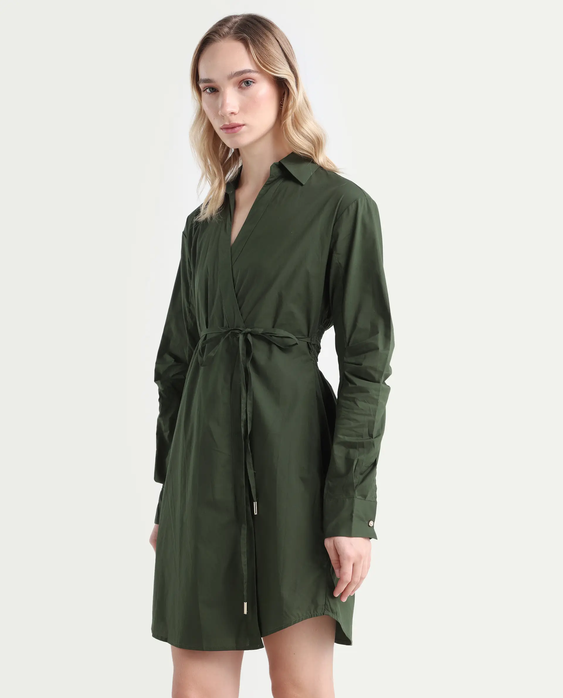 Rareism Women's Ronal Dark Olive Cotton Spread Collar Plain Cuffed Sleeve Knee Length A-Line Dress - Image 5