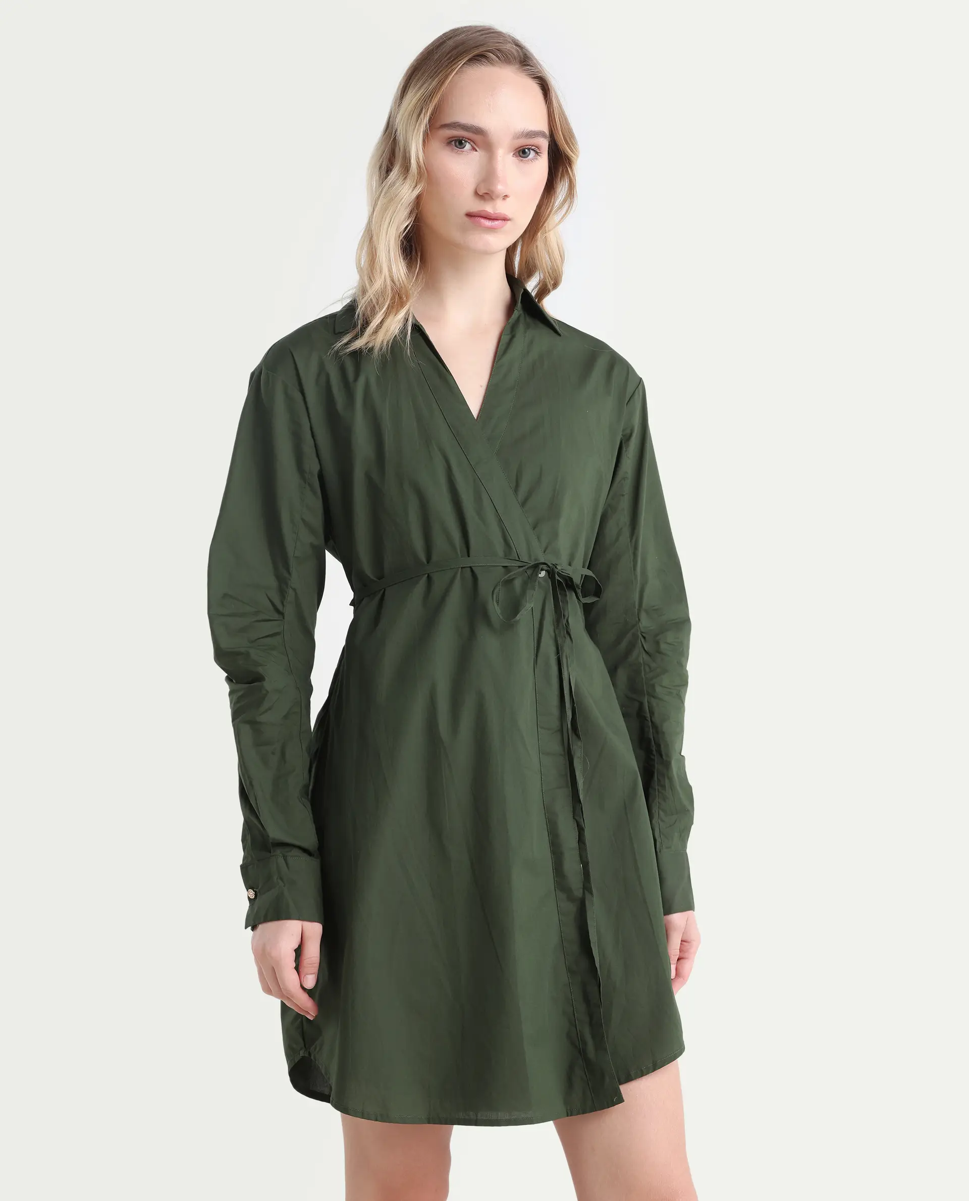 Rareism Women's Ronal Dark Olive Cotton Spread Collar Plain Cuffed Sleeve Knee Length A-Line Dress - Image 6