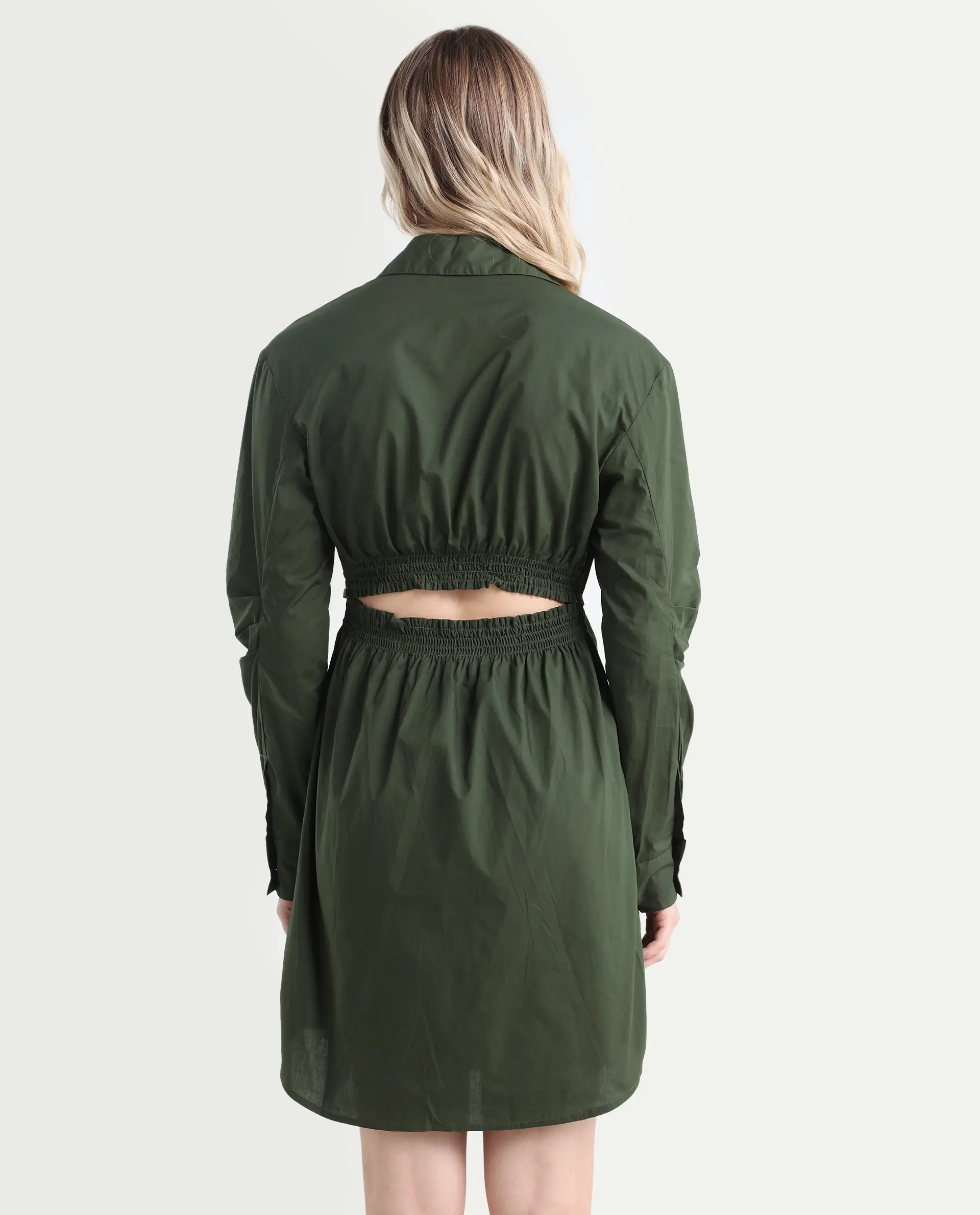 Rareism Women's Ronal Dark Olive Cotton Spread Collar Plain Cuffed Sleeve Knee Length A-Line Dress - Image 7