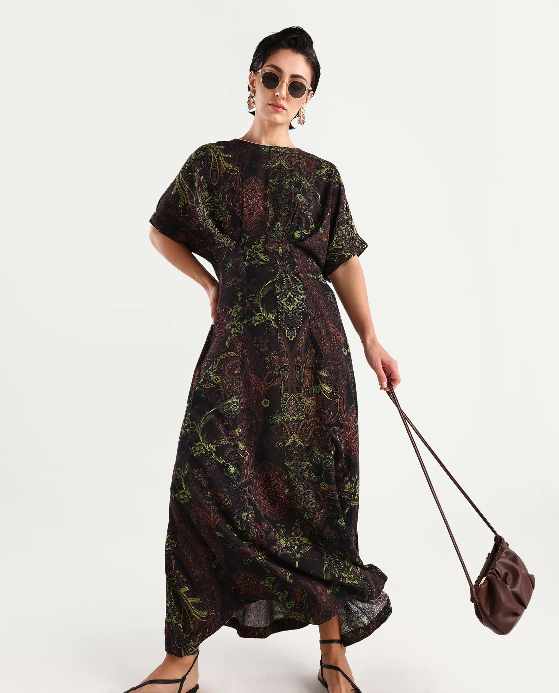 Rareism Women's Ronam Dark Multi Viscose Round Neck Paisley Print Kimono Sleeve Maxi Flared Dress