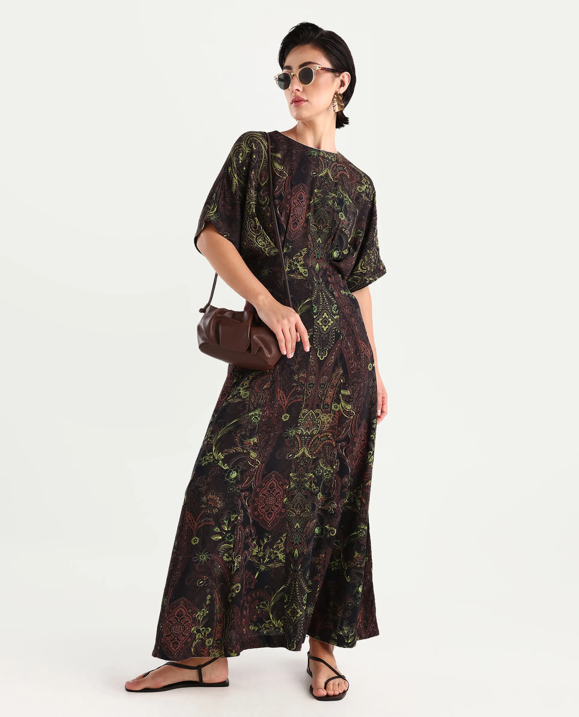 Rareism Women's Ronam Dark Multi Viscose Round Neck Paisley Print Kimono Sleeve Maxi Flared Dress - Image 2