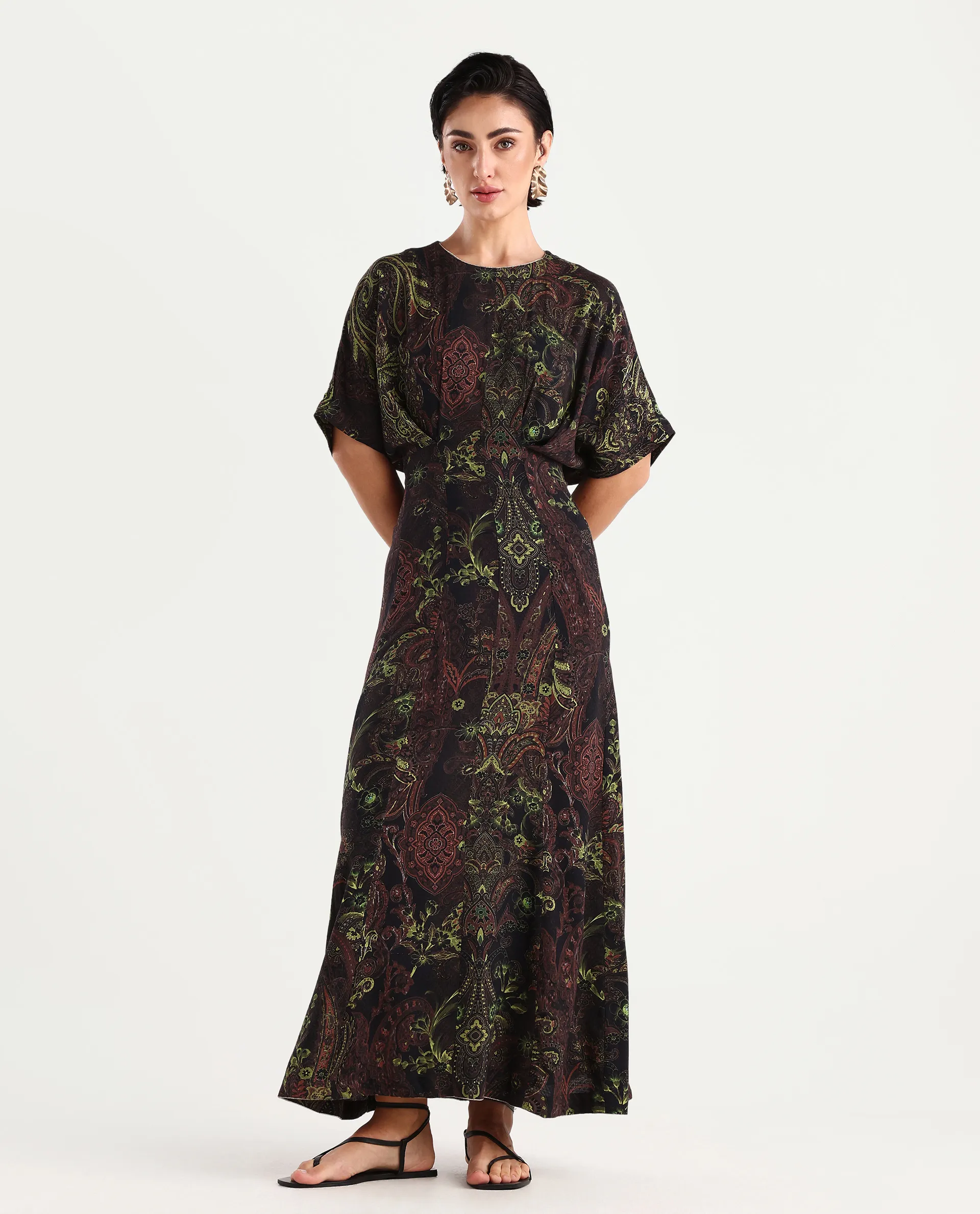 Rareism Women's Ronam Dark Multi Viscose Round Neck Paisley Print Kimono Sleeve Maxi Flared Dress - Image 3