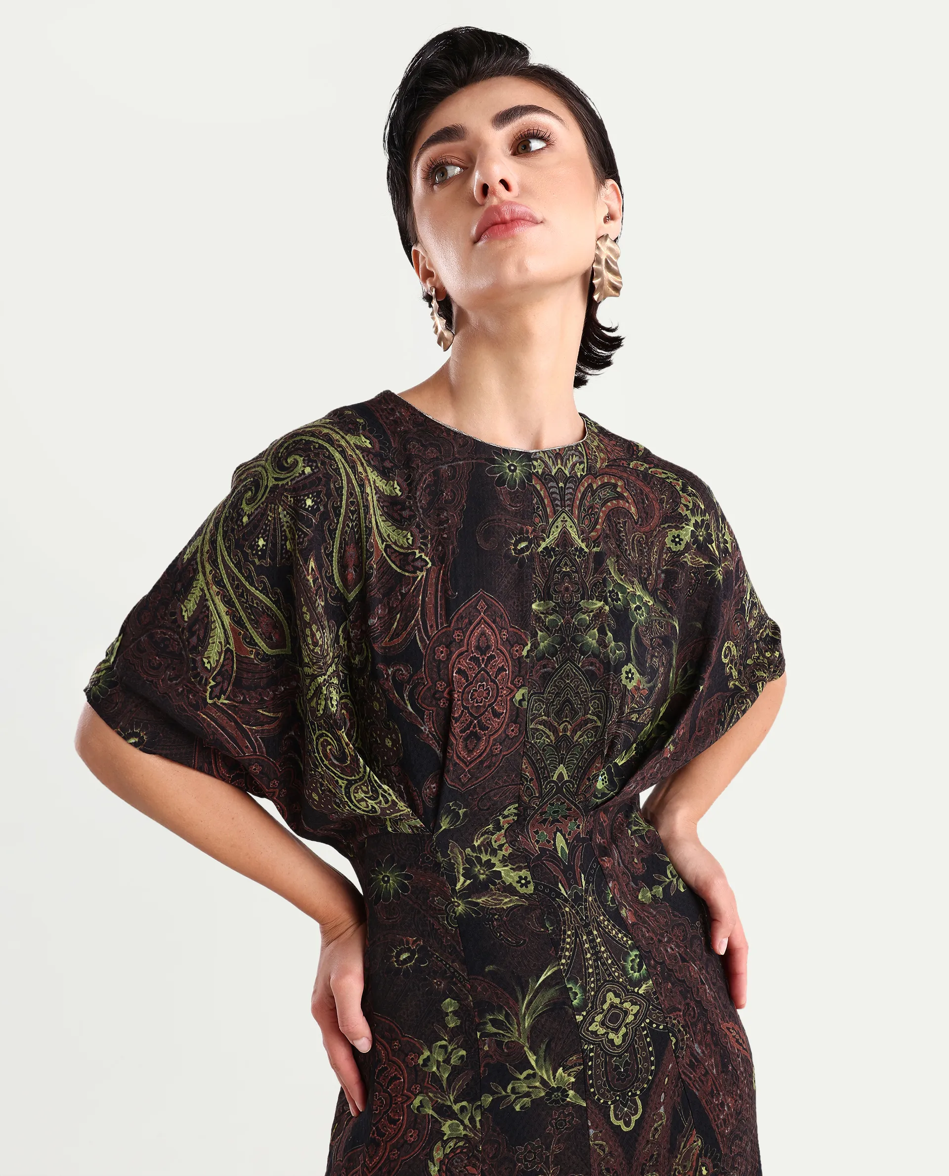 Rareism Women's Ronam Dark Multi Viscose Round Neck Paisley Print Kimono Sleeve Maxi Flared Dress - Image 4