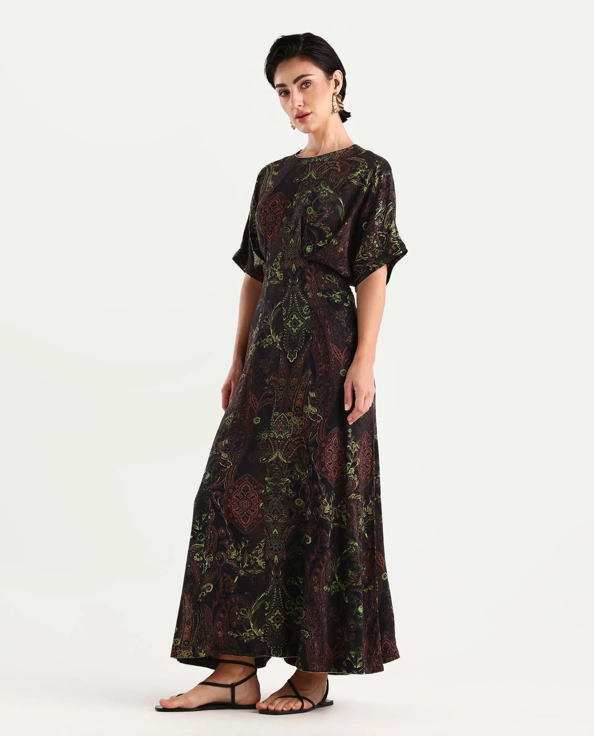 Rareism Women's Ronam Dark Multi Viscose Round Neck Paisley Print Kimono Sleeve Maxi Flared Dress - Image 5