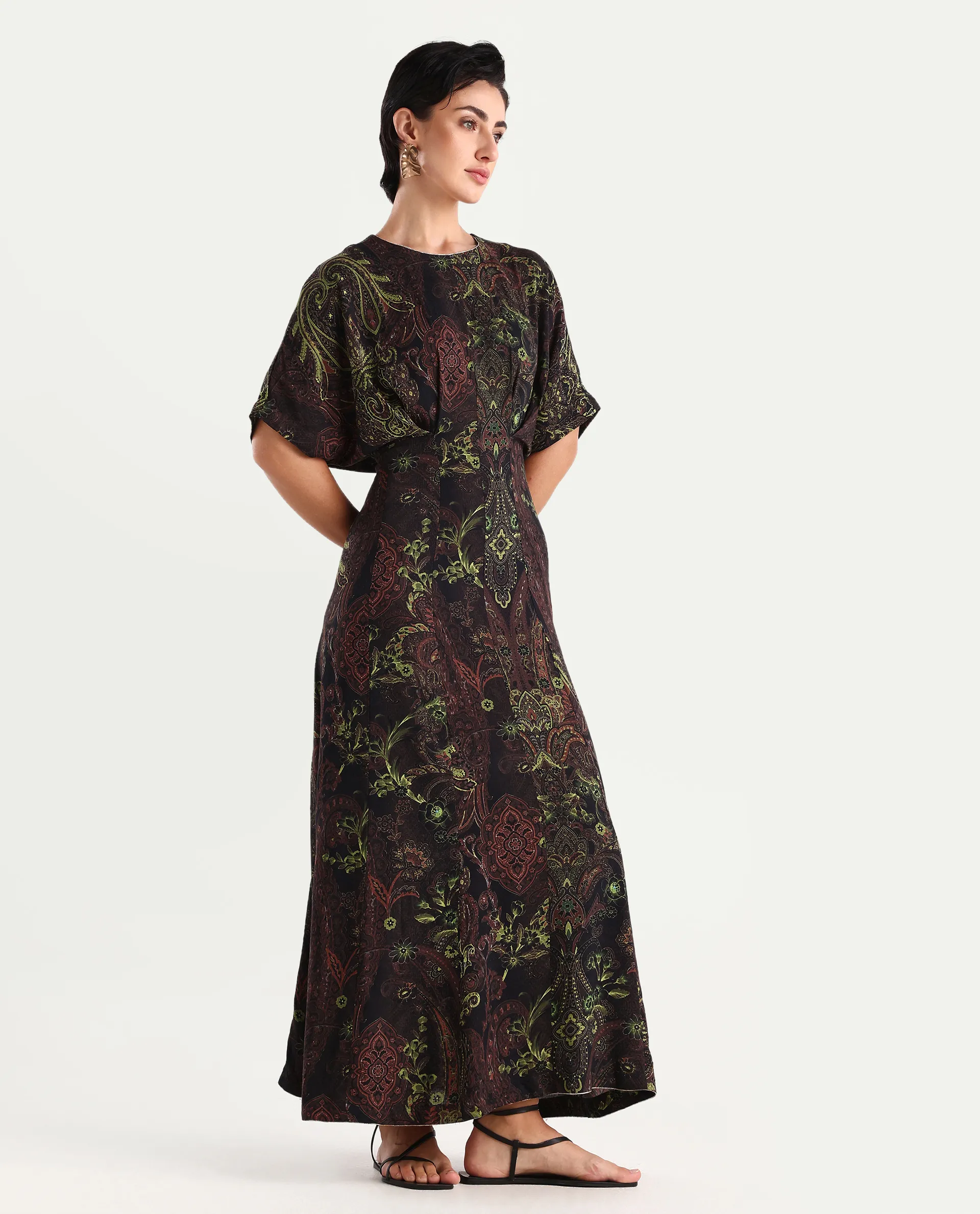 Rareism Women's Ronam Dark Multi Viscose Round Neck Paisley Print Kimono Sleeve Maxi Flared Dress - Image 6