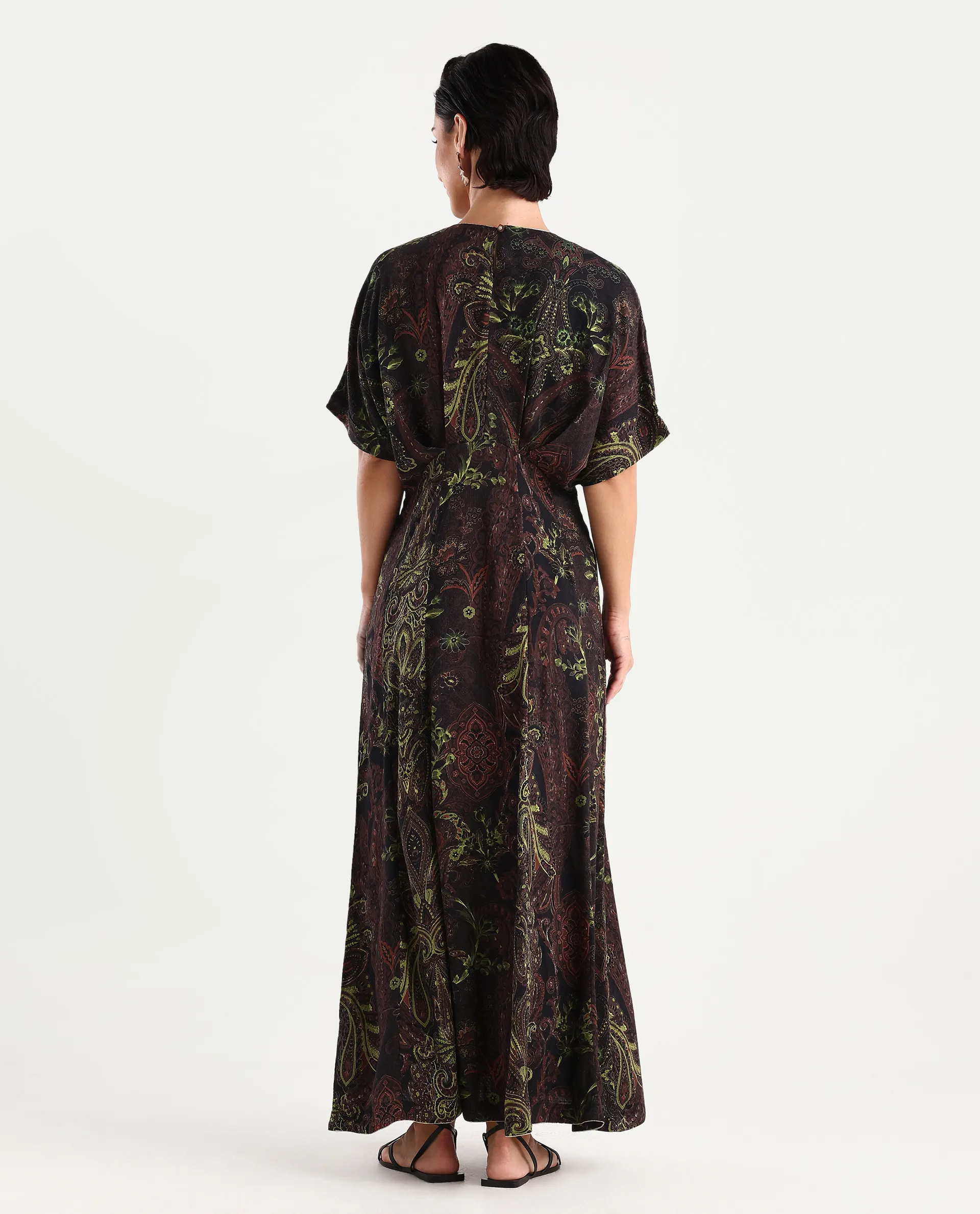 Rareism Women's Ronam Dark Multi Viscose Round Neck Paisley Print Kimono Sleeve Maxi Flared Dress - Image 7