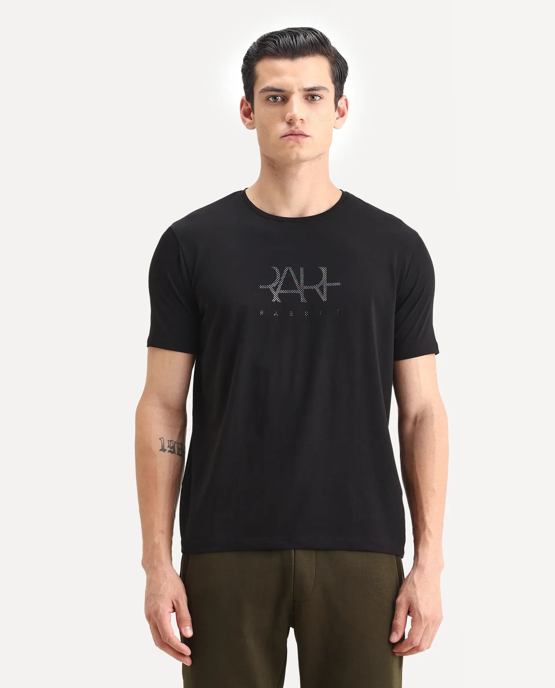 Rare Rabbit Men's Ronan Black Cotton Blend Graphic Print Regular Fit Half Sleeve Crew Neck T-Shirt - Image 4