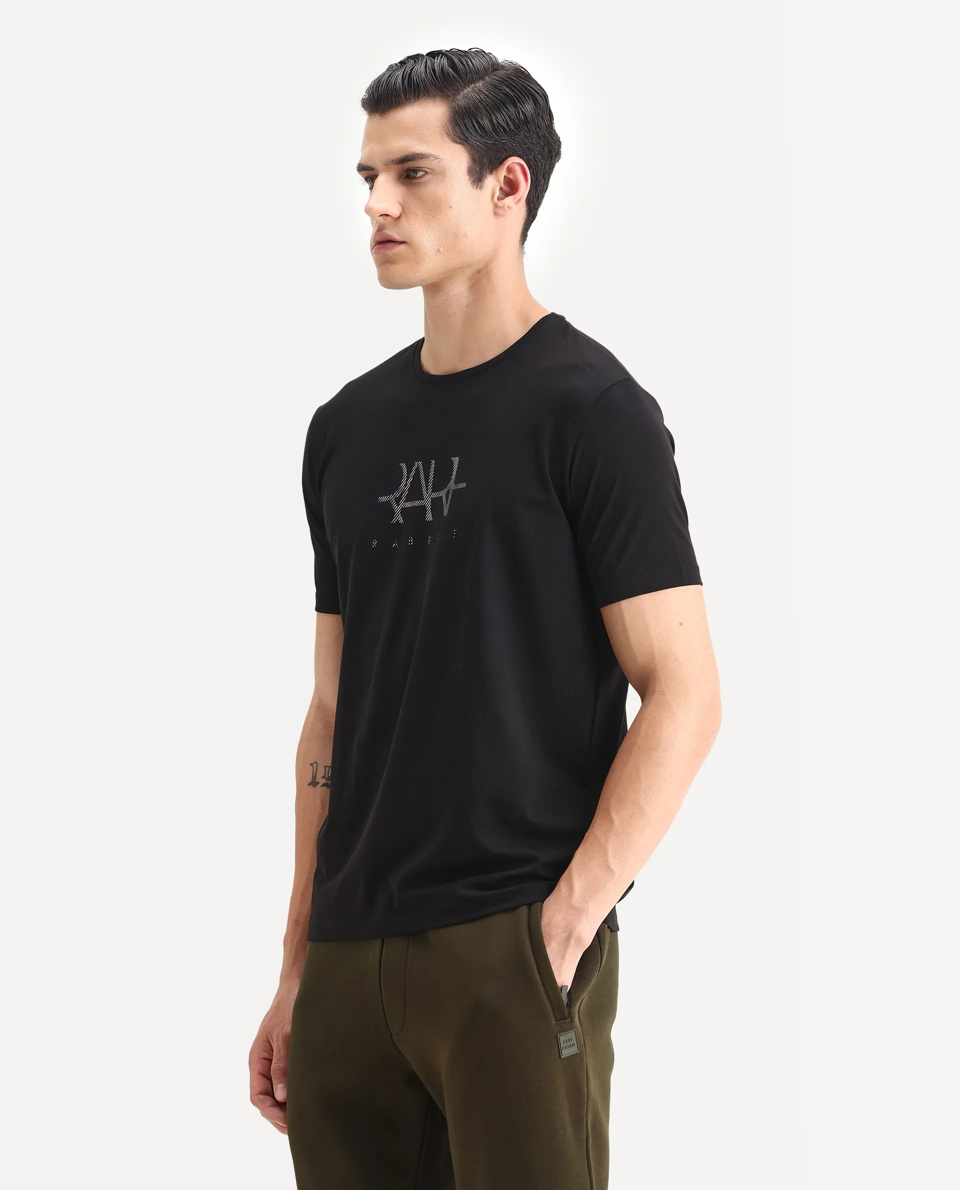 Rare Rabbit Men's Ronan Black Cotton Blend Graphic Print Regular Fit Half Sleeve Crew Neck T-Shirt - Image 5