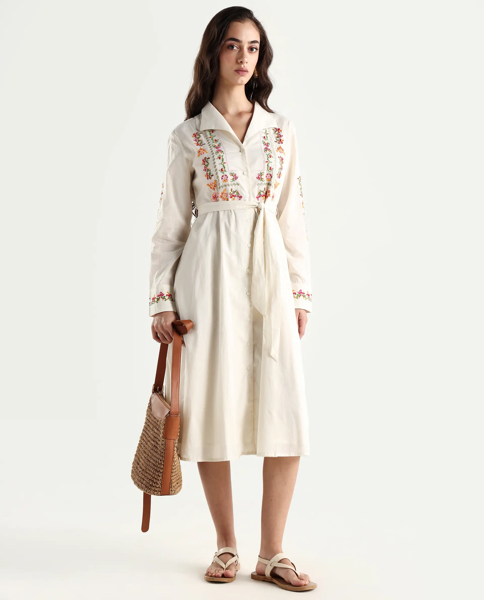 Rareism Women's Ronaq Off White Cotton Spread Collar Plain Cuffed Sleeve Midi A-Line Dress - Image 2