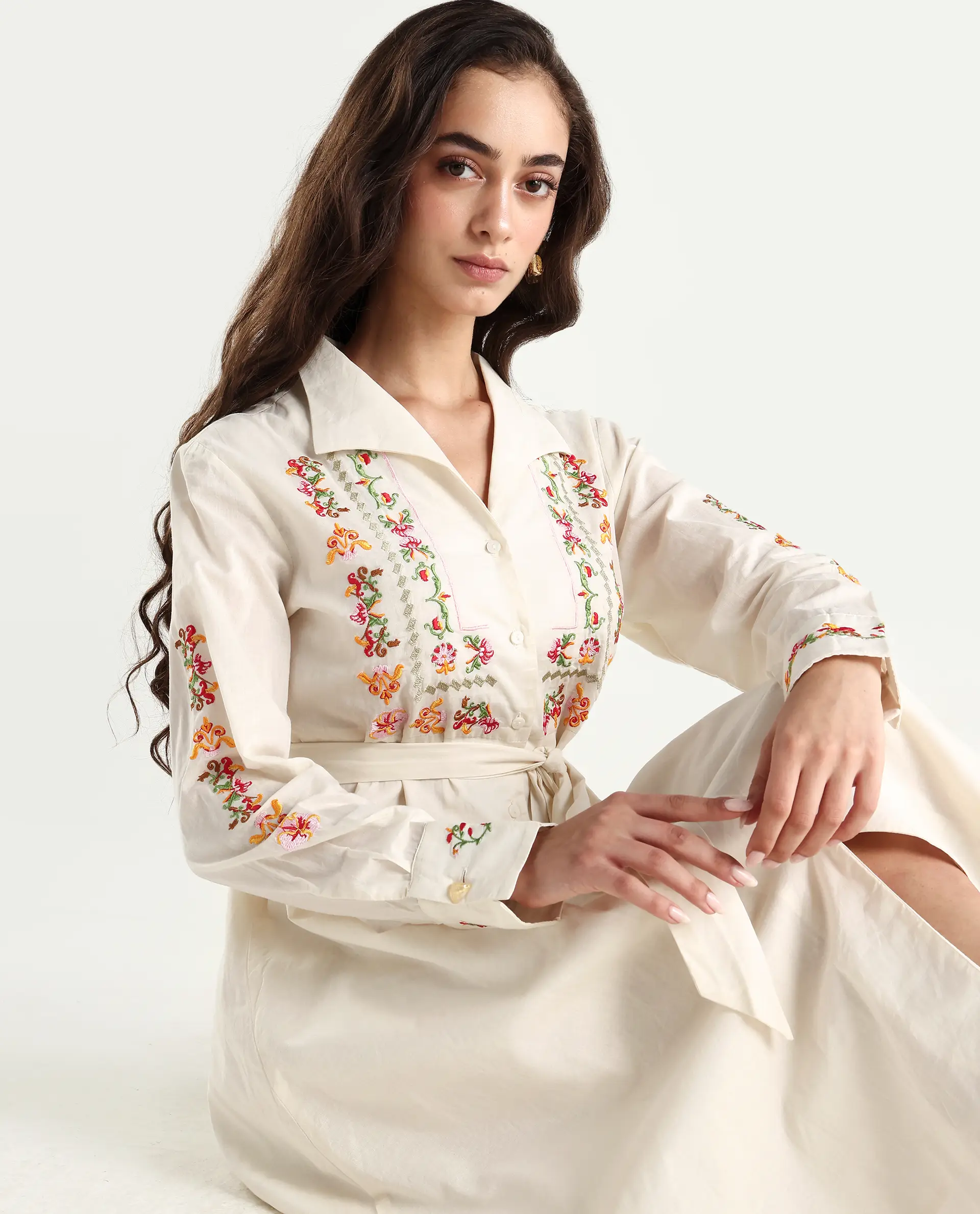 Rareism Women's Ronaq Off White Cotton Spread Collar Plain Cuffed Sleeve Midi A-Line Dress - Image 3
