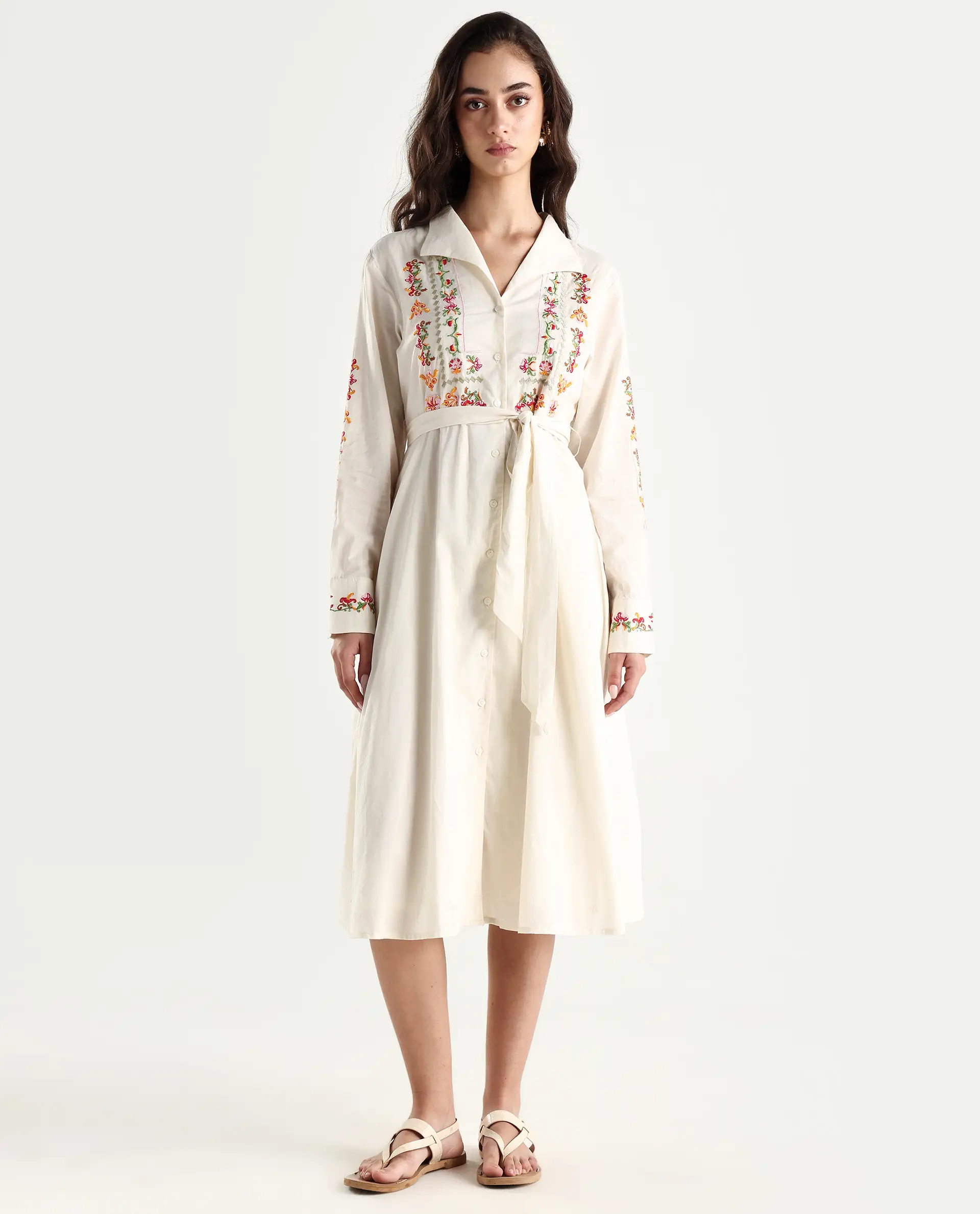 Rareism Women's Ronaq Off White Cotton Spread Collar Plain Cuffed Sleeve Midi A-Line Dress - Image 4