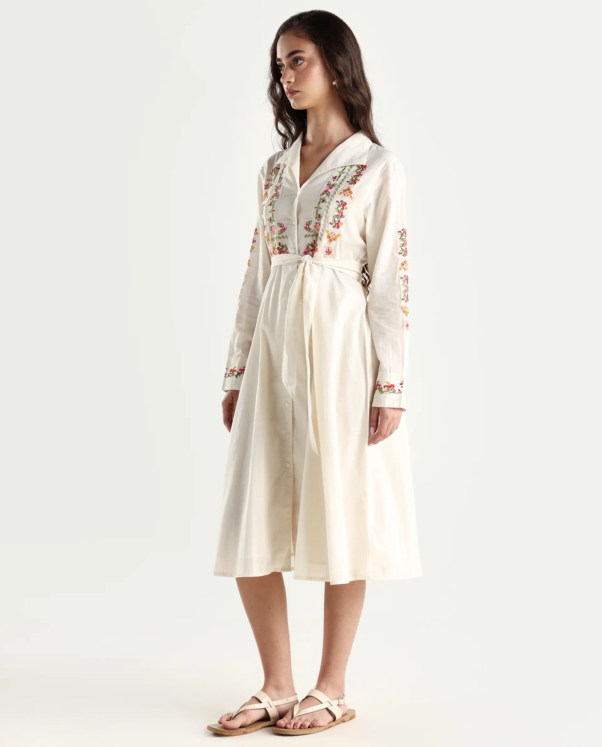 Rareism Women's Ronaq Off White Cotton Spread Collar Plain Cuffed Sleeve Midi A-Line Dress - Image 5