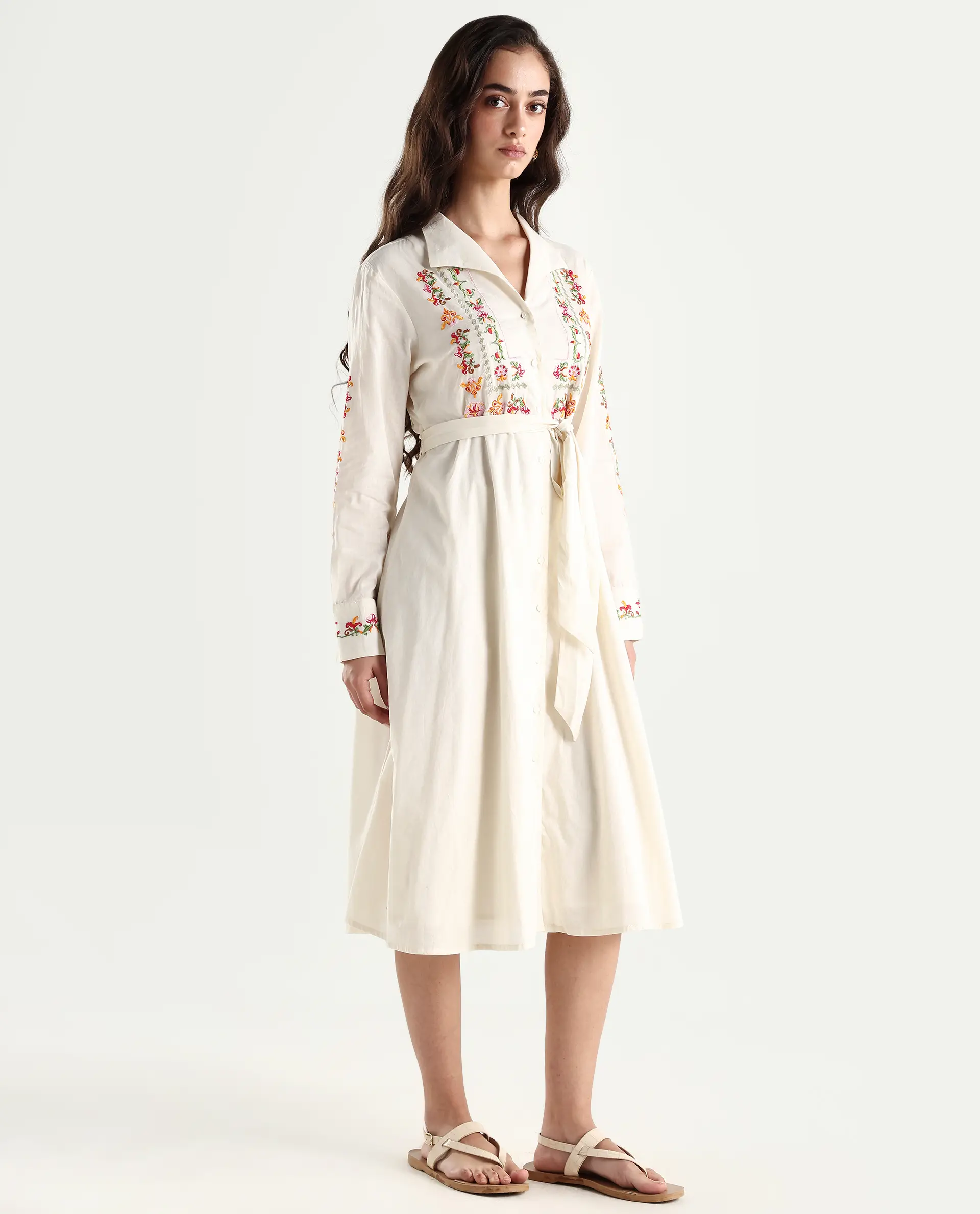 Rareism Women's Ronaq Off White Cotton Spread Collar Plain Cuffed Sleeve Midi A-Line Dress - Image 6