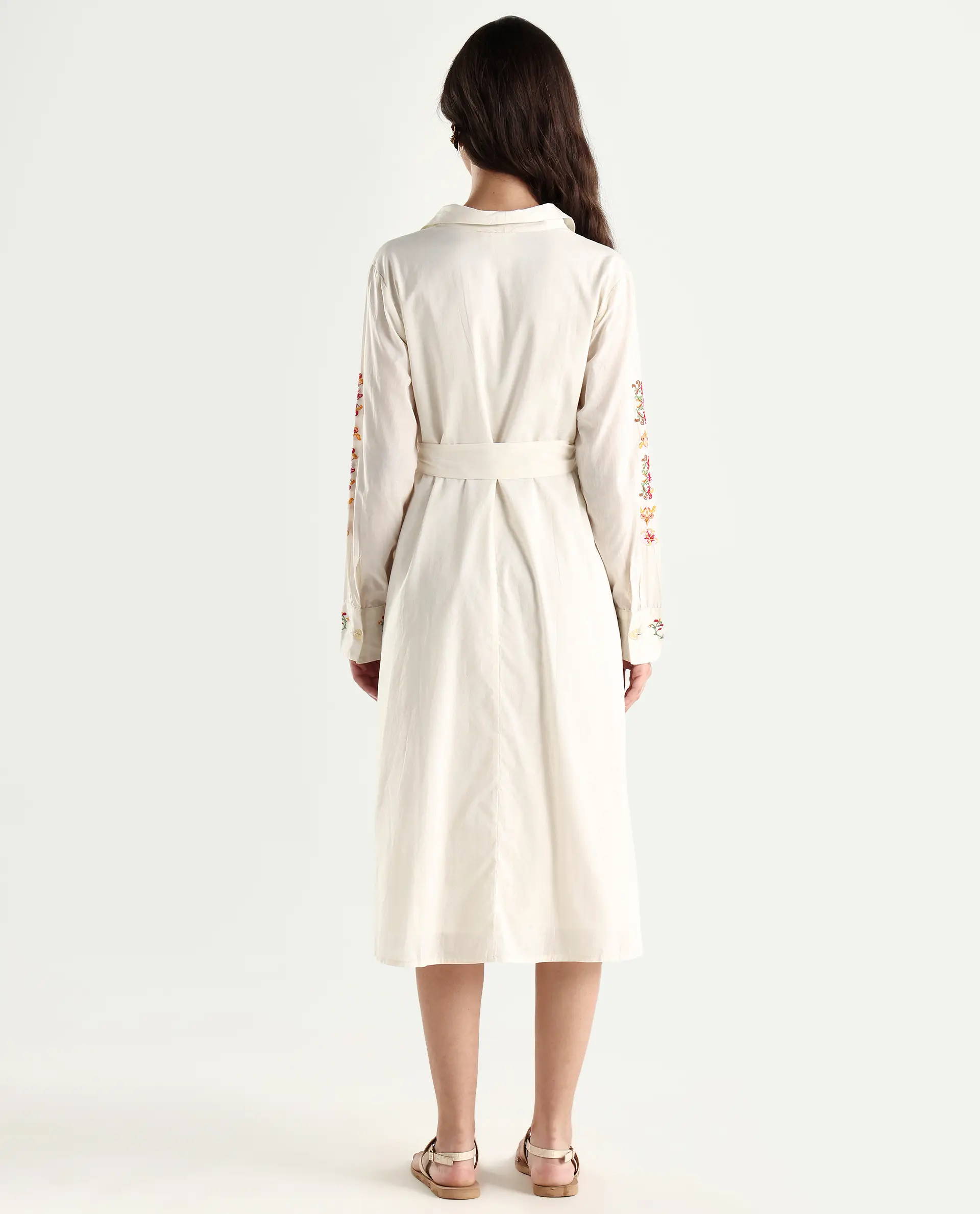 Rareism Women's Ronaq Off White Cotton Spread Collar Plain Cuffed Sleeve Midi A-Line Dress - Image 7