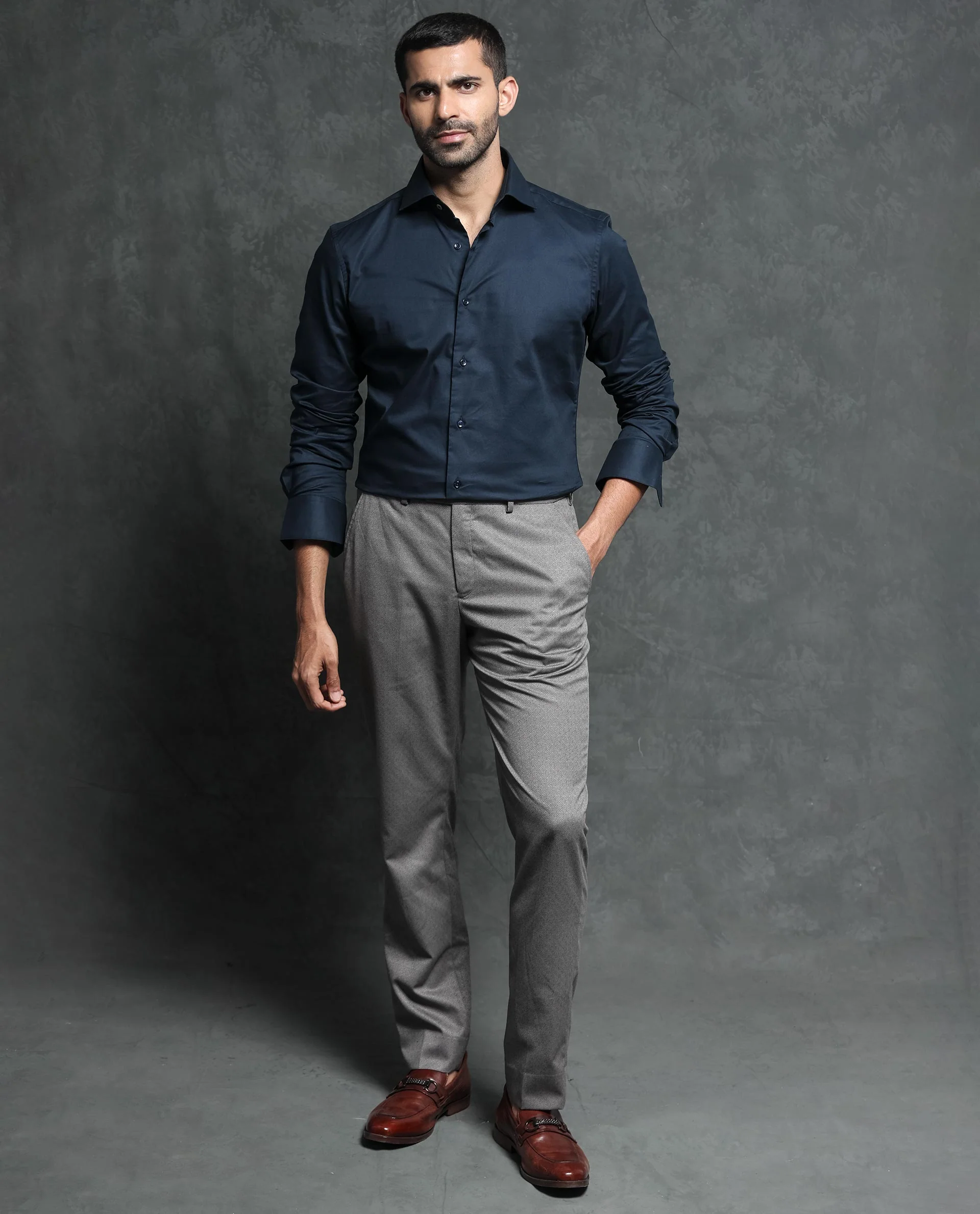 Rare Rabbit Men's Ronas Navy Cotton Plain Tailored Fit Full Sleeve Collared Shirt - Image 2