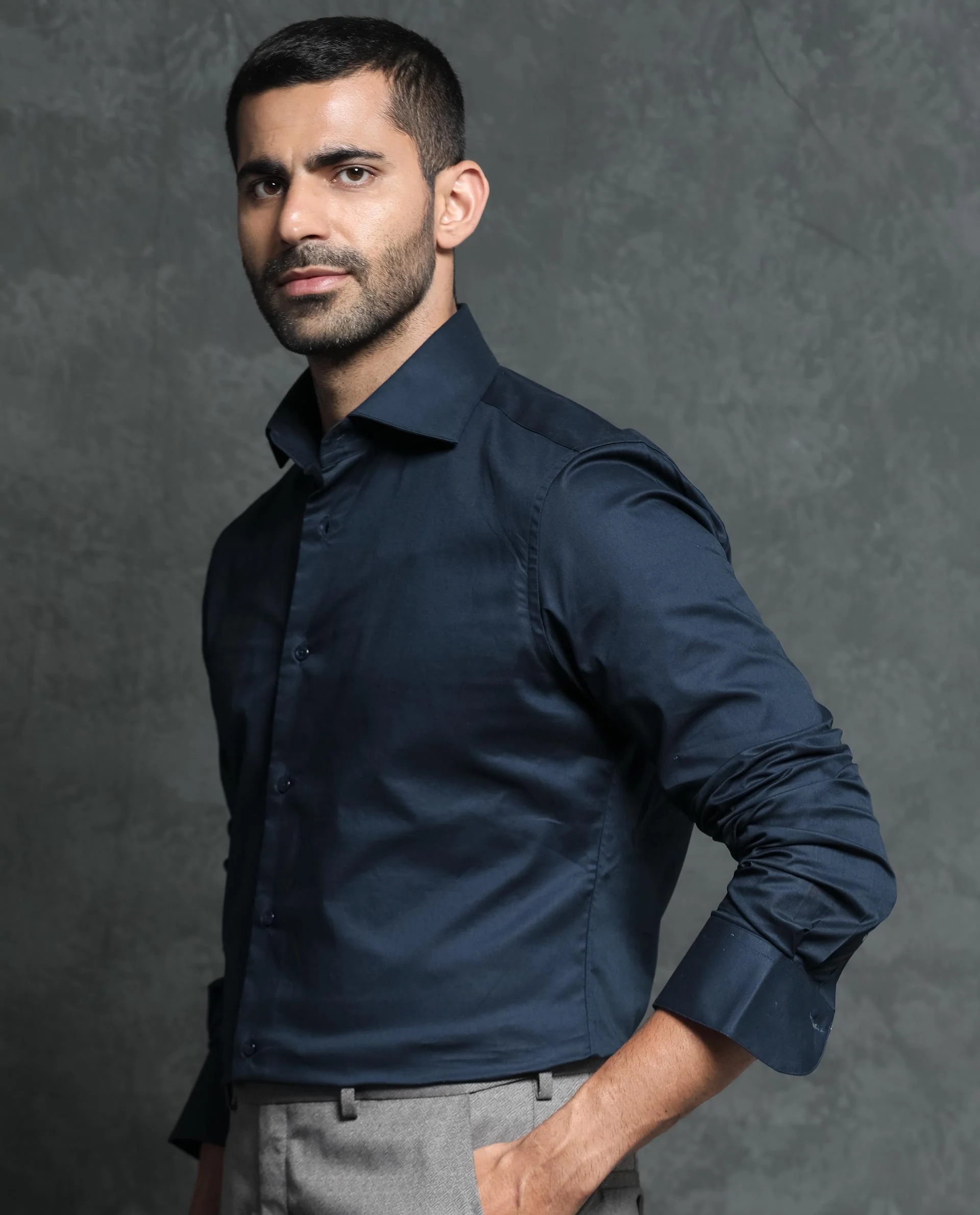 Rare Rabbit Men's Ronas Navy Cotton Plain Tailored Fit Full Sleeve Collared Shirt - Image 6