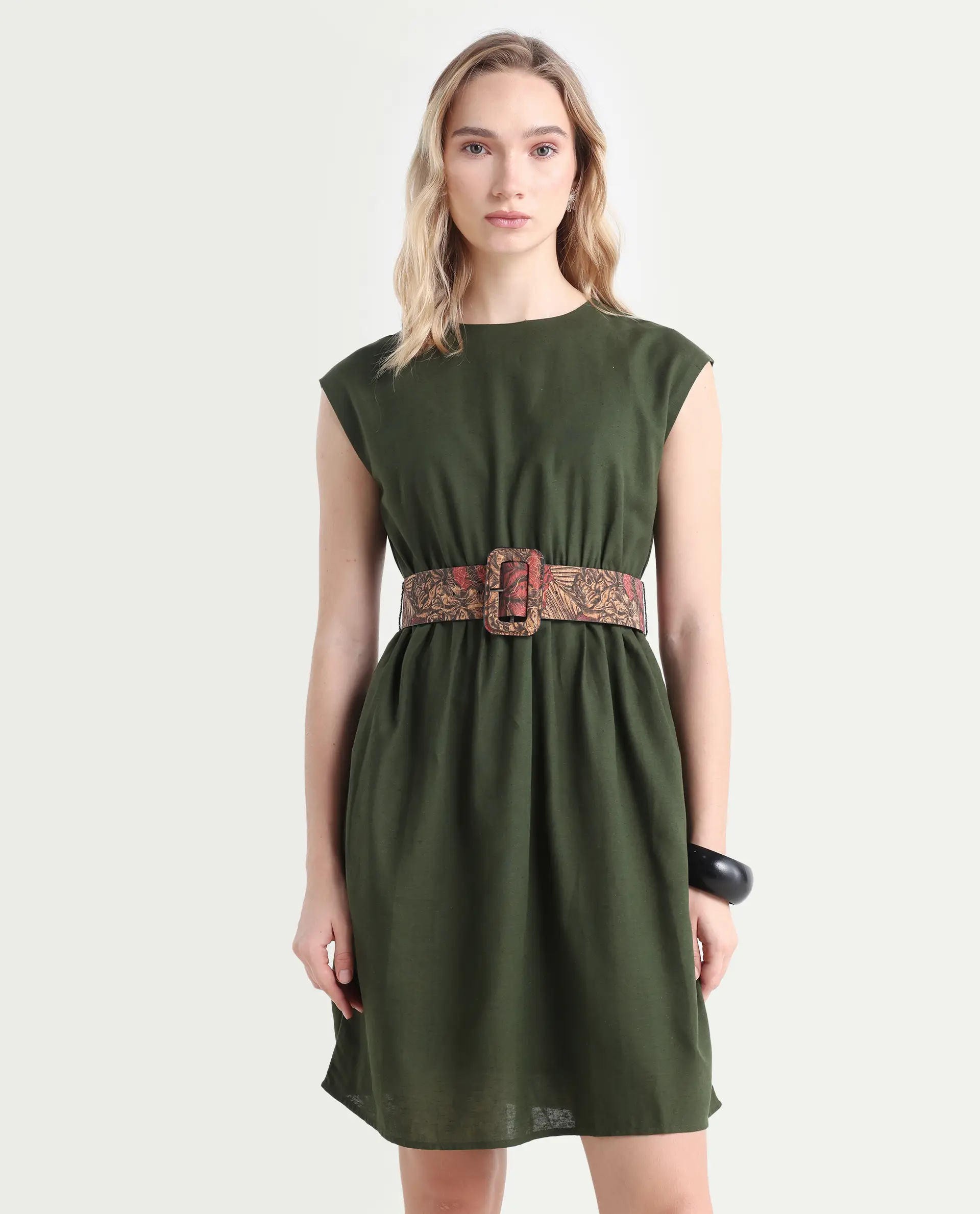 Rareism Women's Ronas Olive Cotton Round Neck Plain Sleeveless Mini A-Line Dress - Image 2