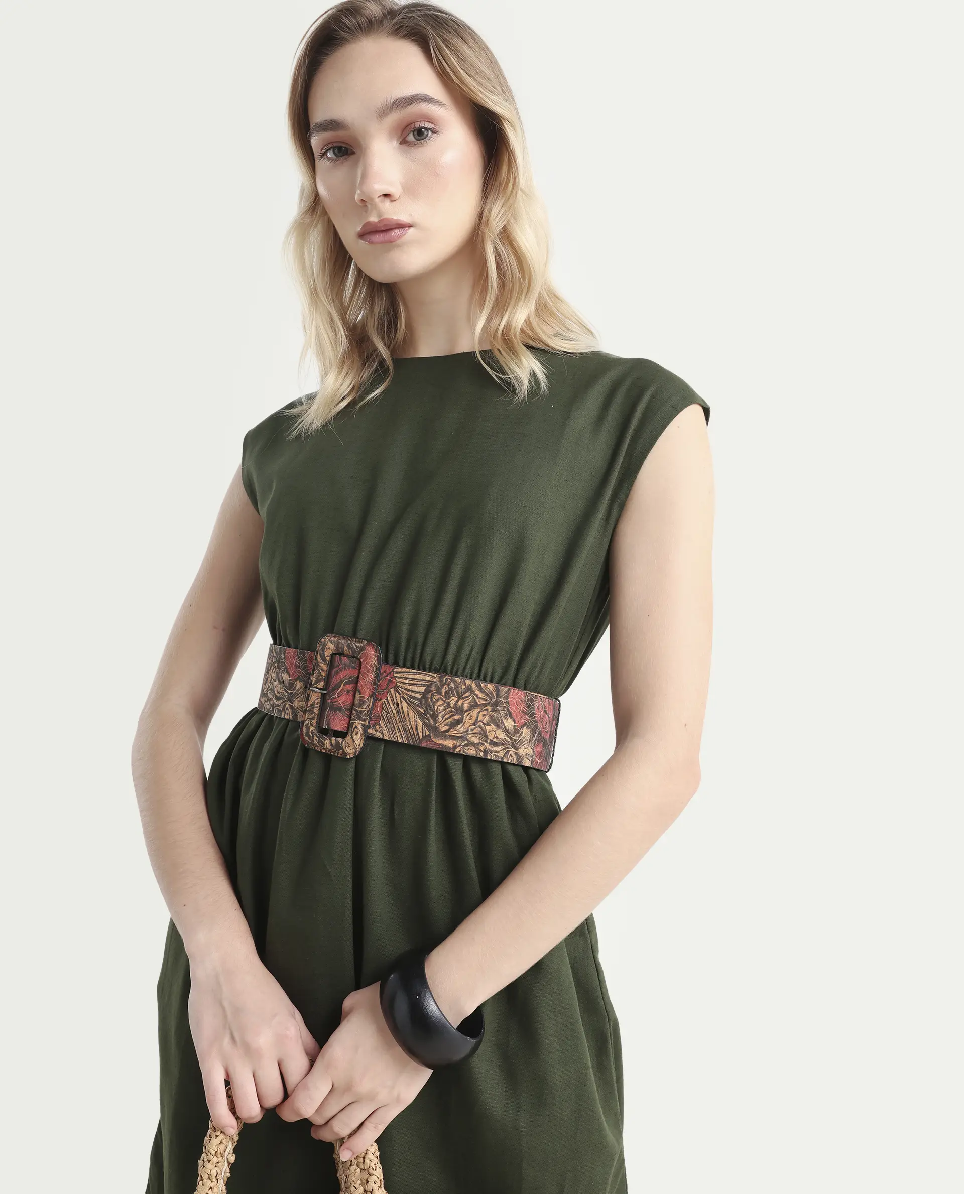Rareism Women's Ronas Olive Cotton Round Neck Plain Sleeveless Mini A-Line Dress - Image 3