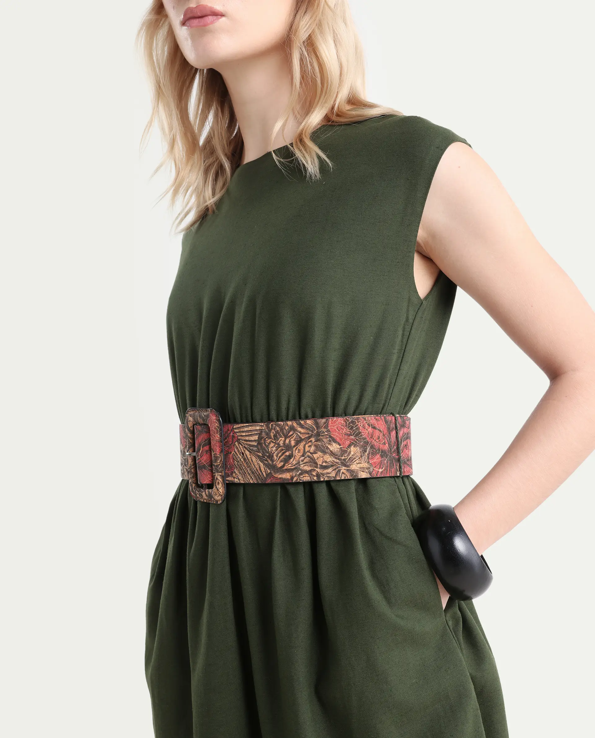 Rareism Women's Ronas Olive Cotton Round Neck Plain Sleeveless Mini A-Line Dress - Image 4