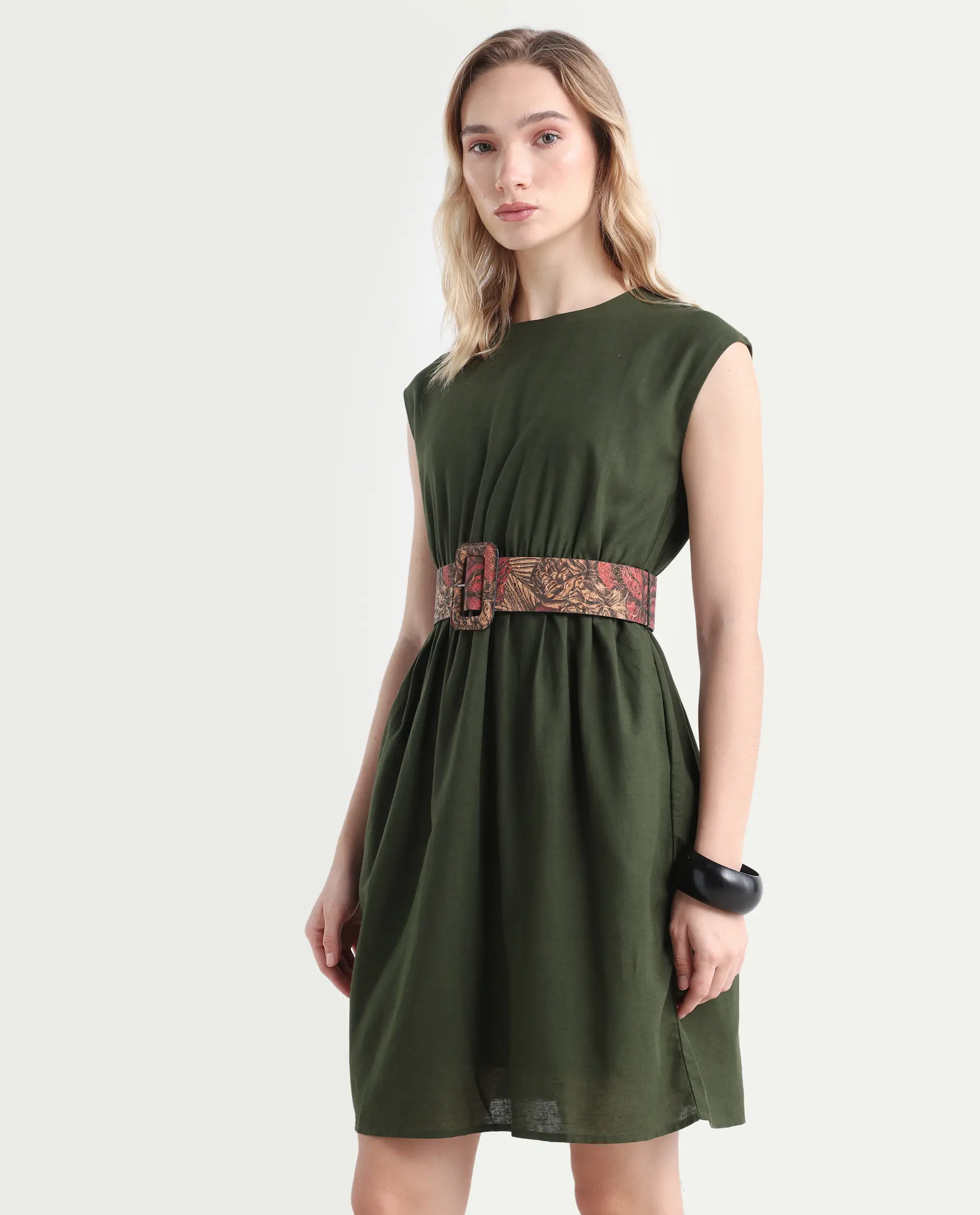 Rareism Women's Ronas Olive Cotton Round Neck Plain Sleeveless Mini A-Line Dress - Image 5