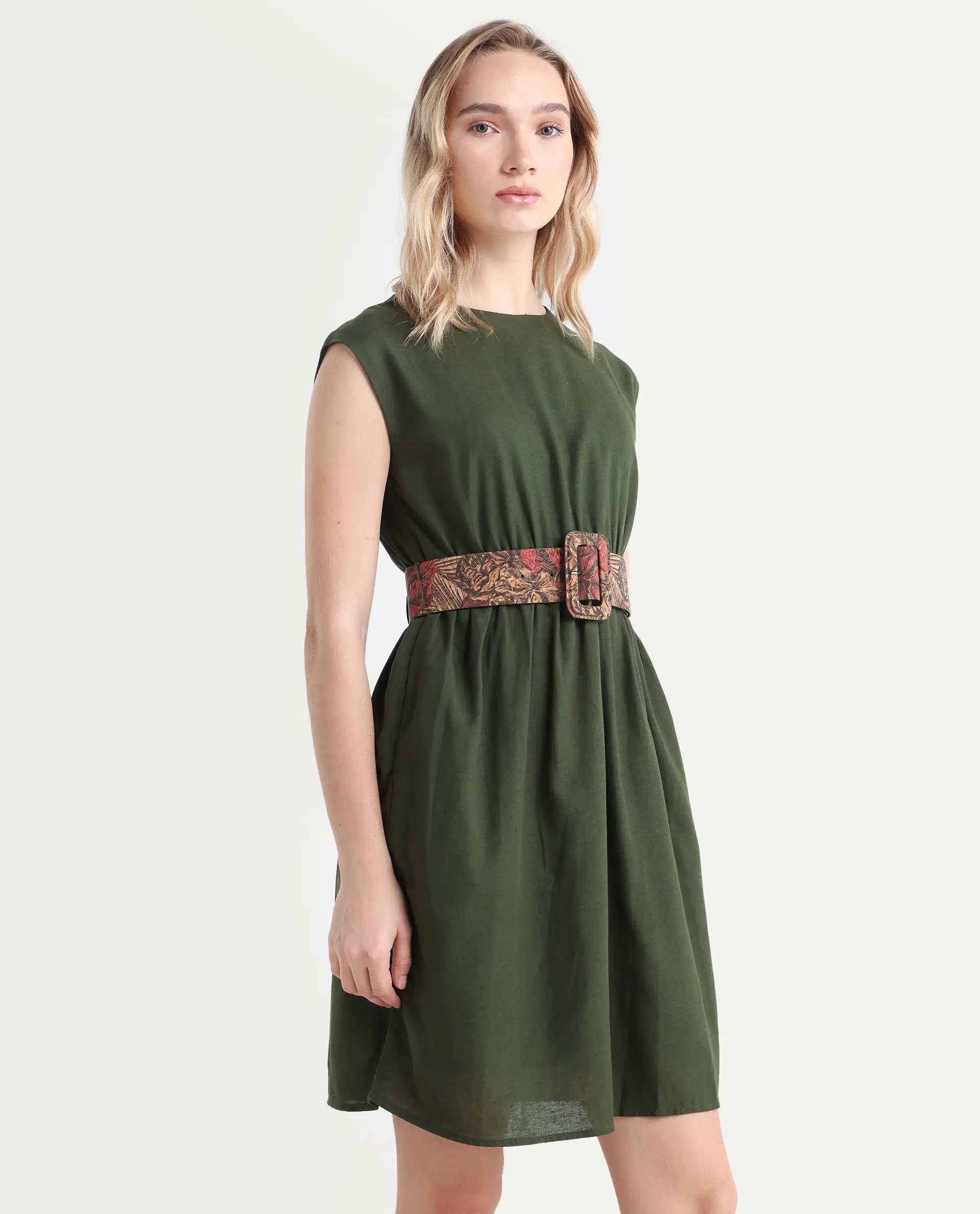 Rareism Women's Ronas Olive Cotton Round Neck Plain Sleeveless Mini A-Line Dress - Image 6