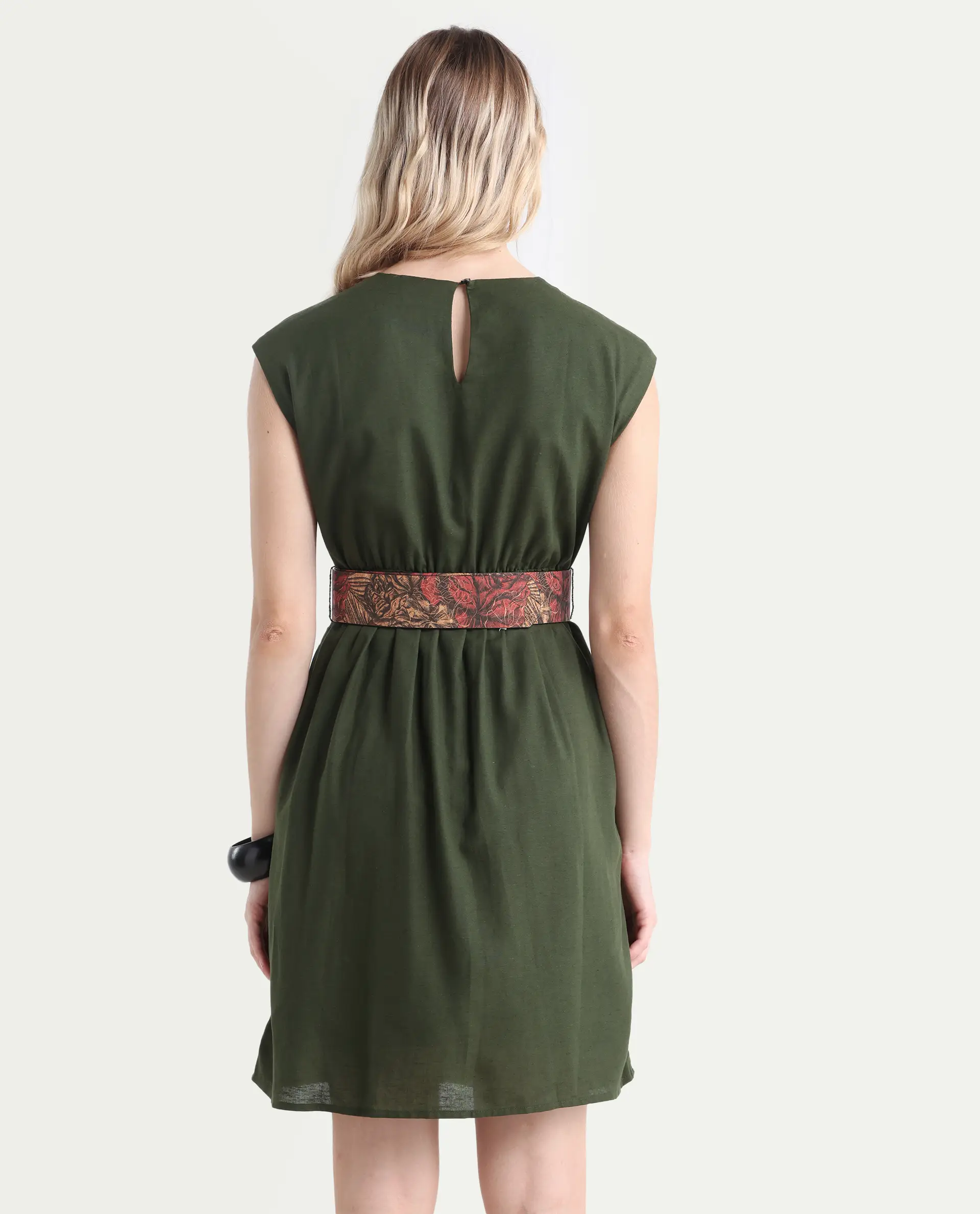 Rareism Women's Ronas Olive Cotton Round Neck Plain Sleeveless Mini A-Line Dress - Image 7