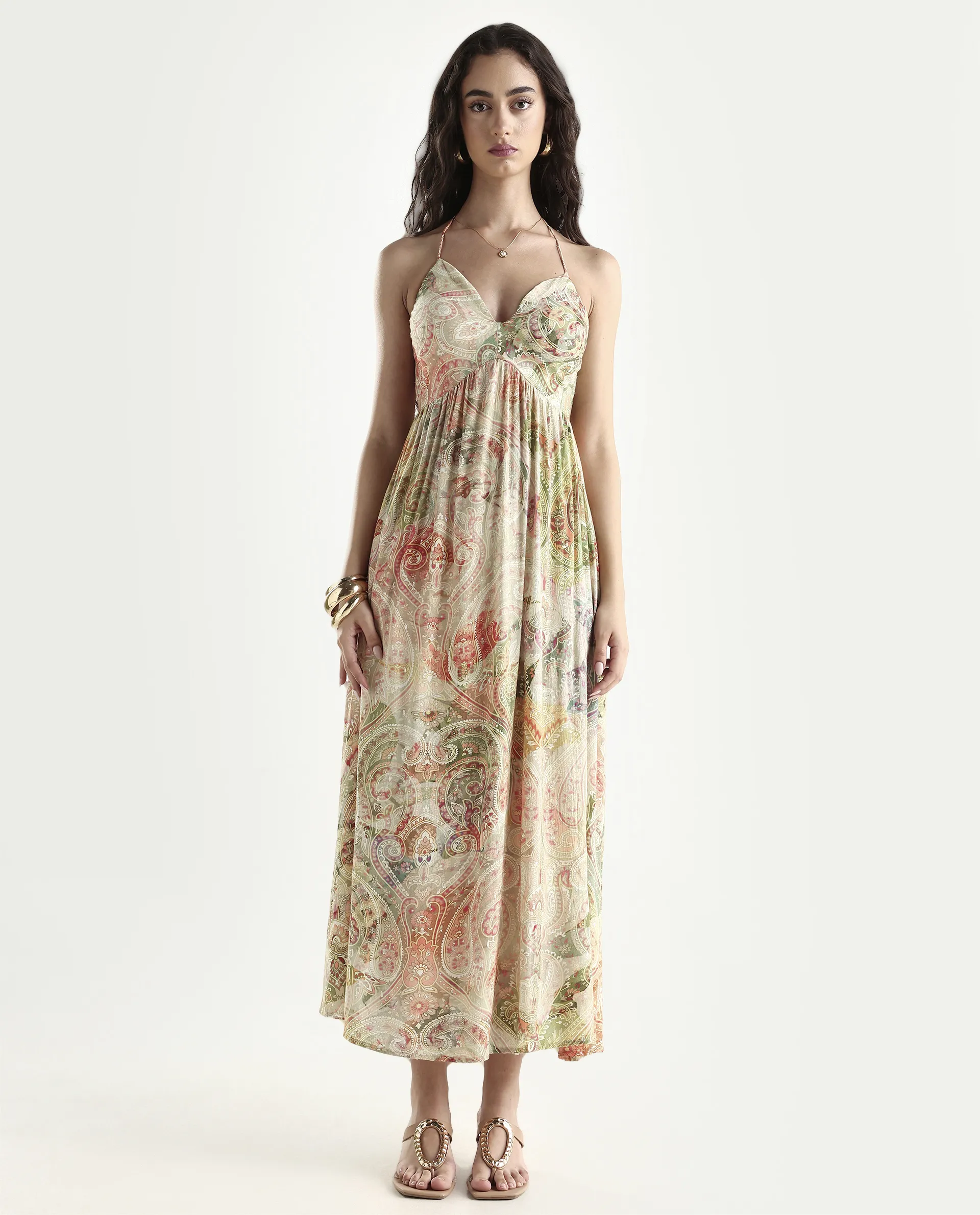 Rareism Women's Ronat Multi Cotton Blend V-Neck Paisley Print Sleeveless Maxi Fit And Flare Dress - Image 2