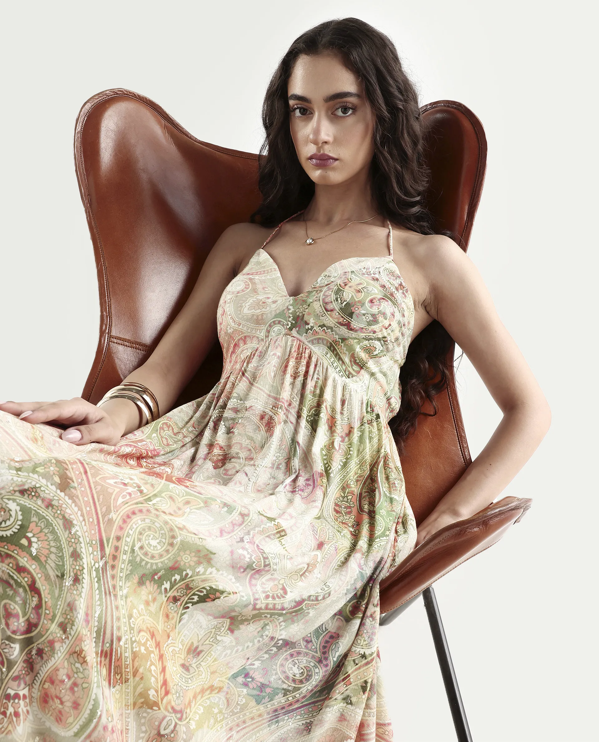 Rareism Women's Ronat Multi Cotton Blend V-Neck Paisley Print Sleeveless Maxi Fit And Flare Dress - Image 3
