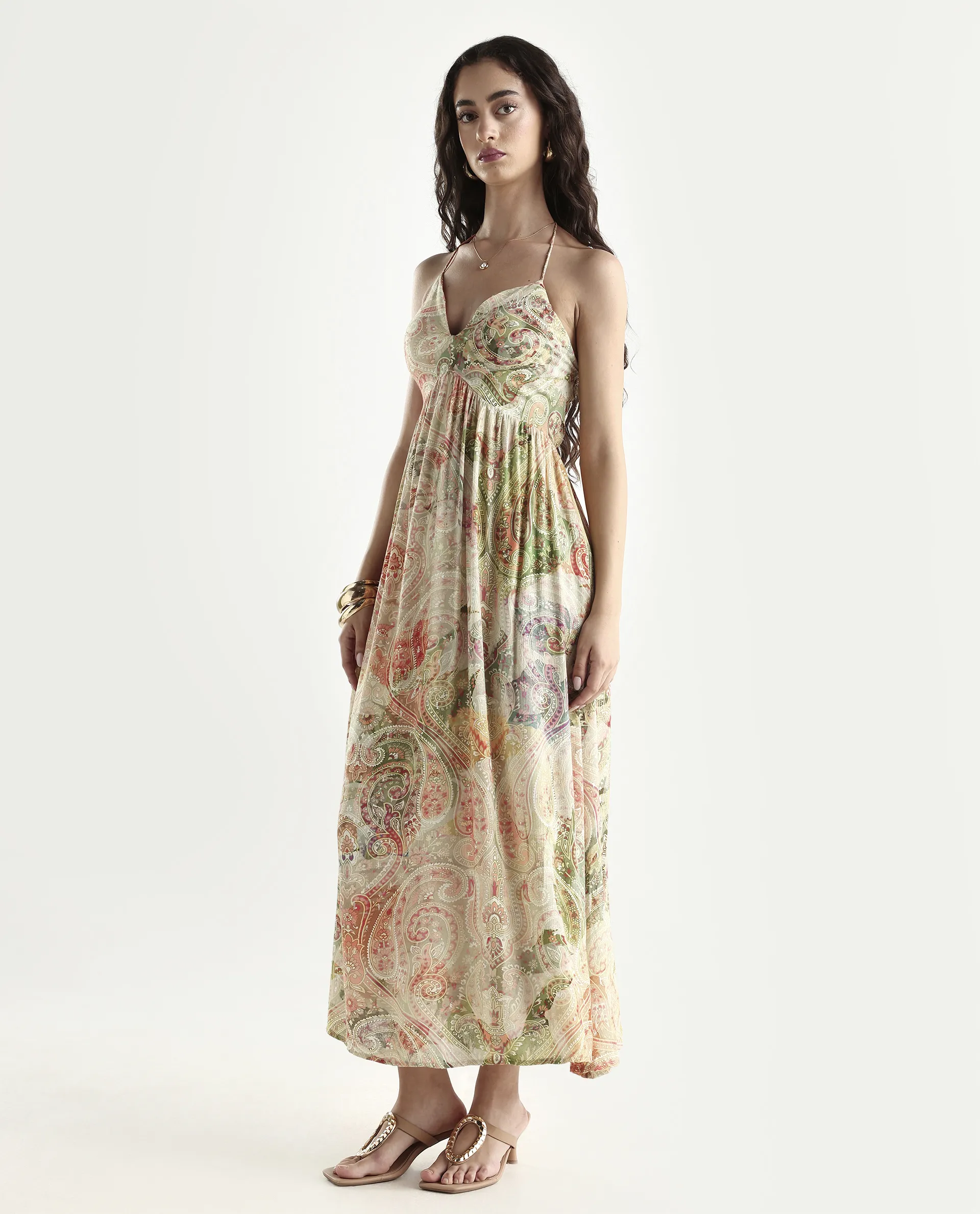Rareism Women's Ronat Multi Cotton Blend V-Neck Paisley Print Sleeveless Maxi Fit And Flare Dress - Image 5