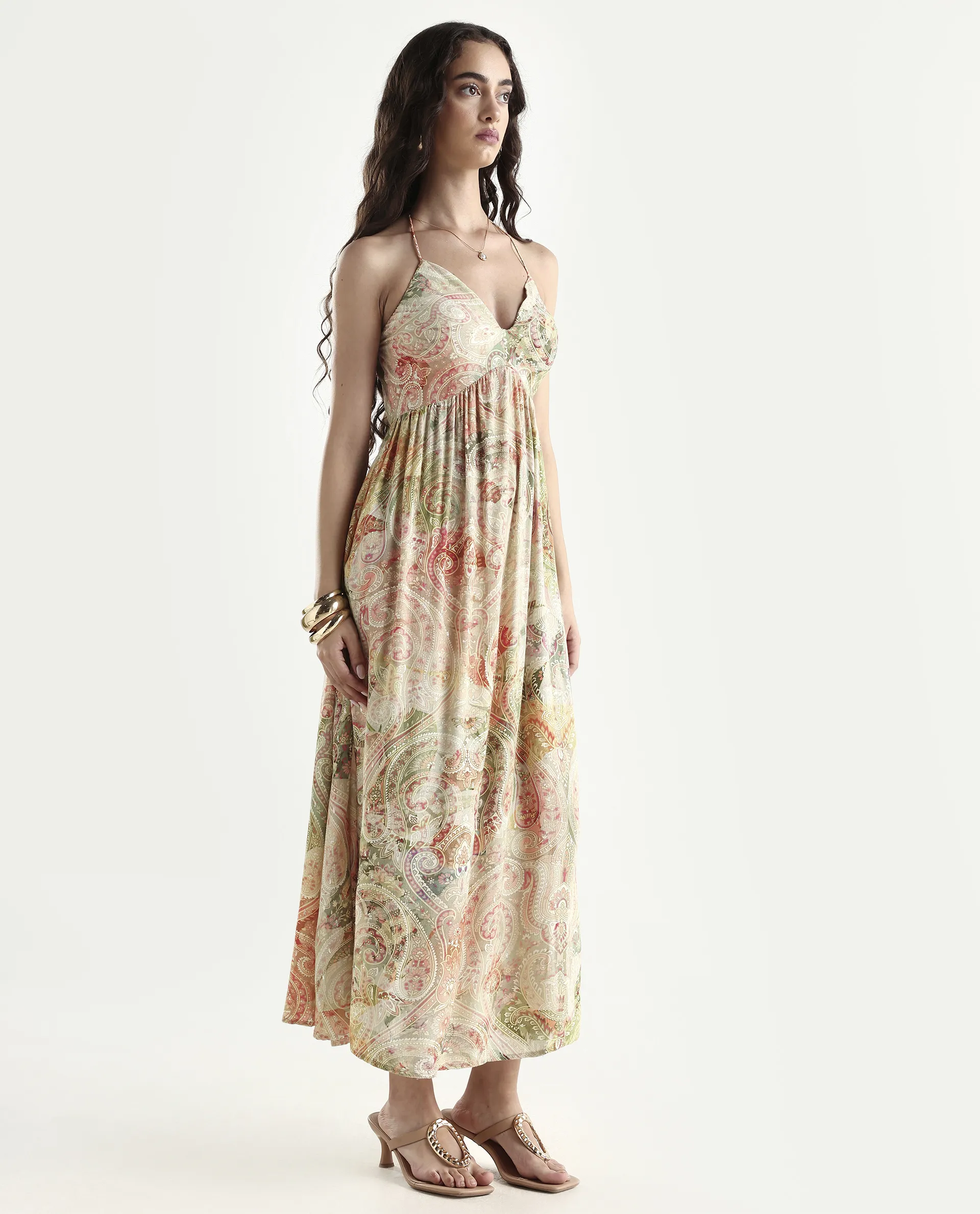 Rareism Women's Ronat Multi Cotton Blend V-Neck Paisley Print Sleeveless Maxi Fit And Flare Dress - Image 6