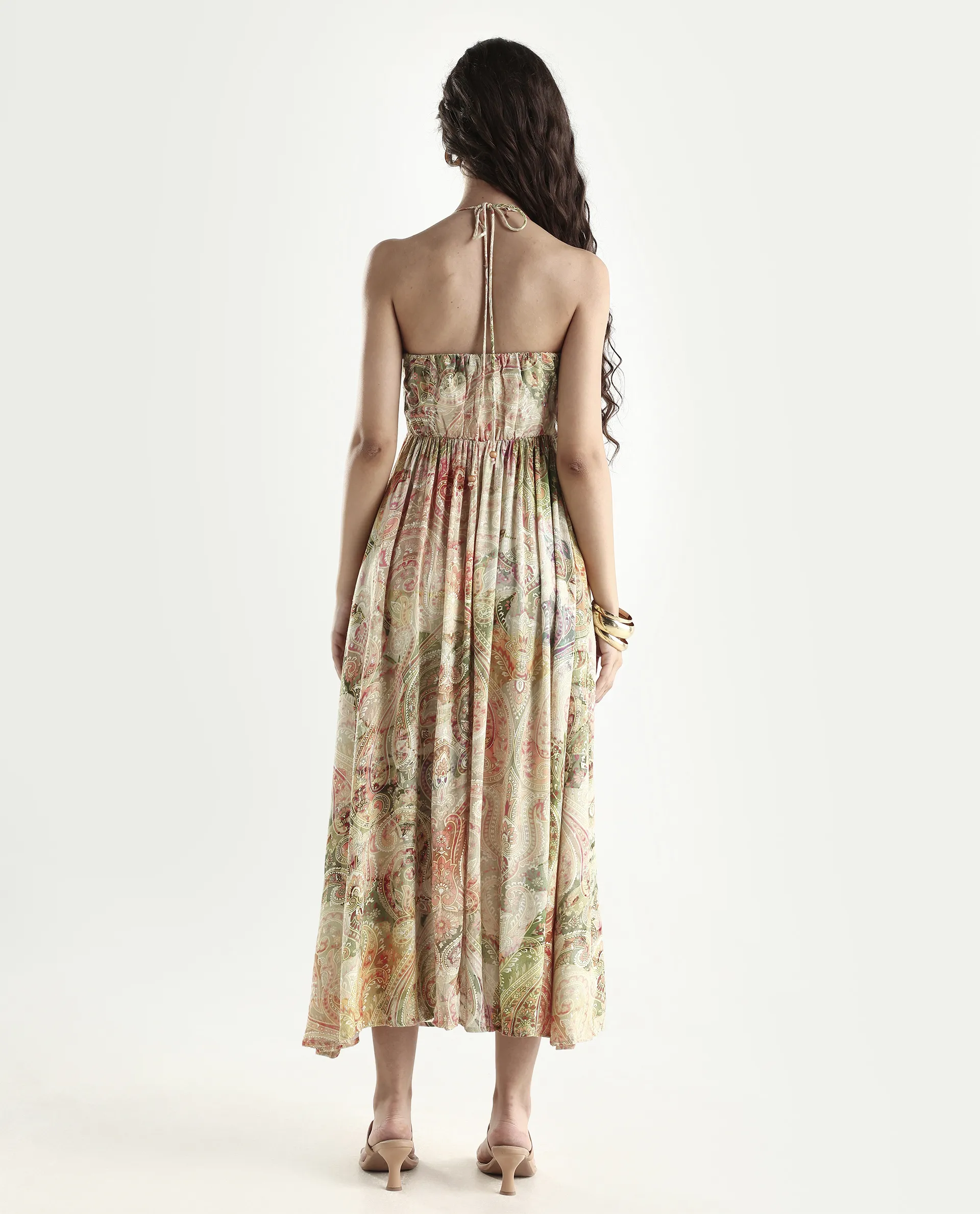 Rareism Women's Ronat Multi Cotton Blend V-Neck Paisley Print Sleeveless Maxi Fit And Flare Dress - Image 7