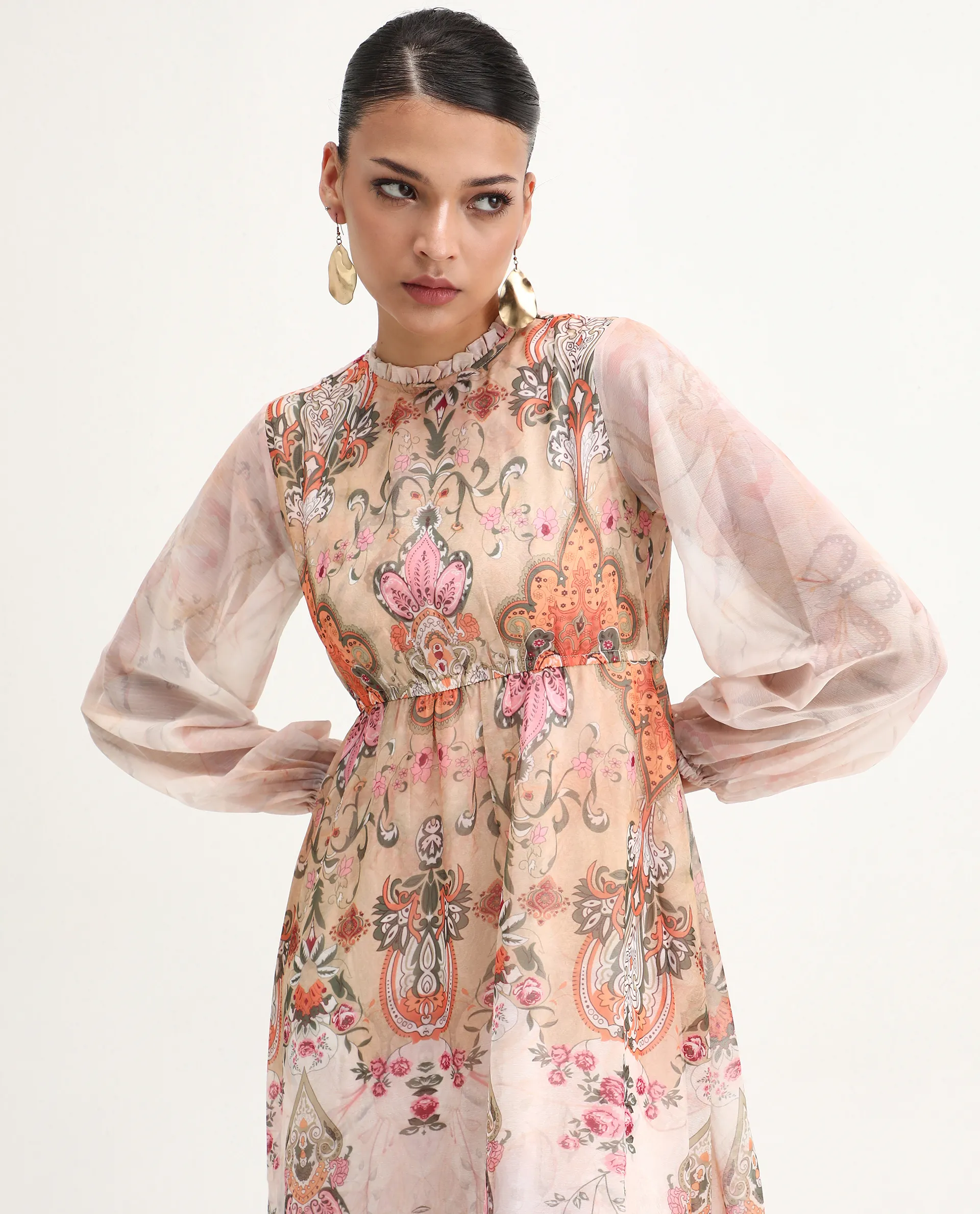 Rareism Women's Ronav Beige Polyester Ruffled Neck Floral Print Bishop Sleeve Maxi Fit And Flare Dress - Image 2