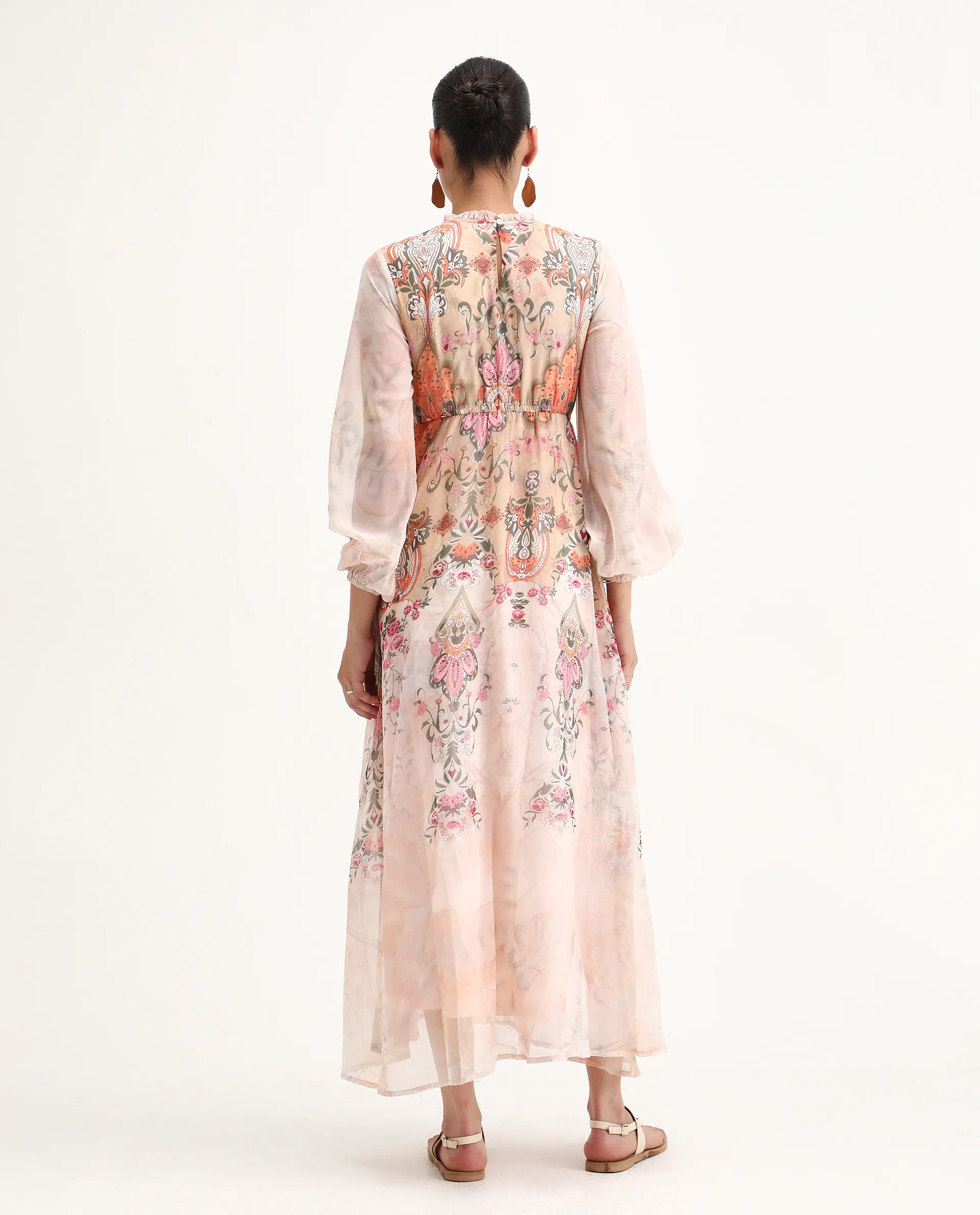 Rareism Women's Ronav Beige Polyester Ruffled Neck Floral Print Bishop Sleeve Maxi Fit And Flare Dress - Image 3