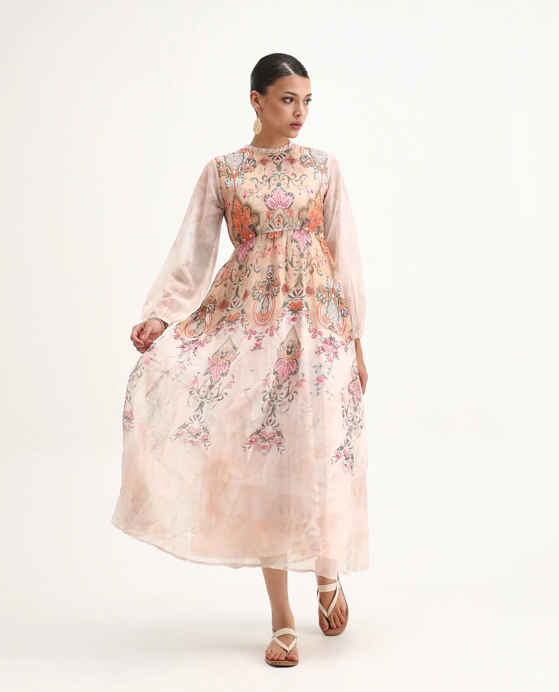 Rareism Women's Ronav Beige Polyester Ruffled Neck Floral Print Bishop Sleeve Maxi Fit And Flare Dress - Image 4