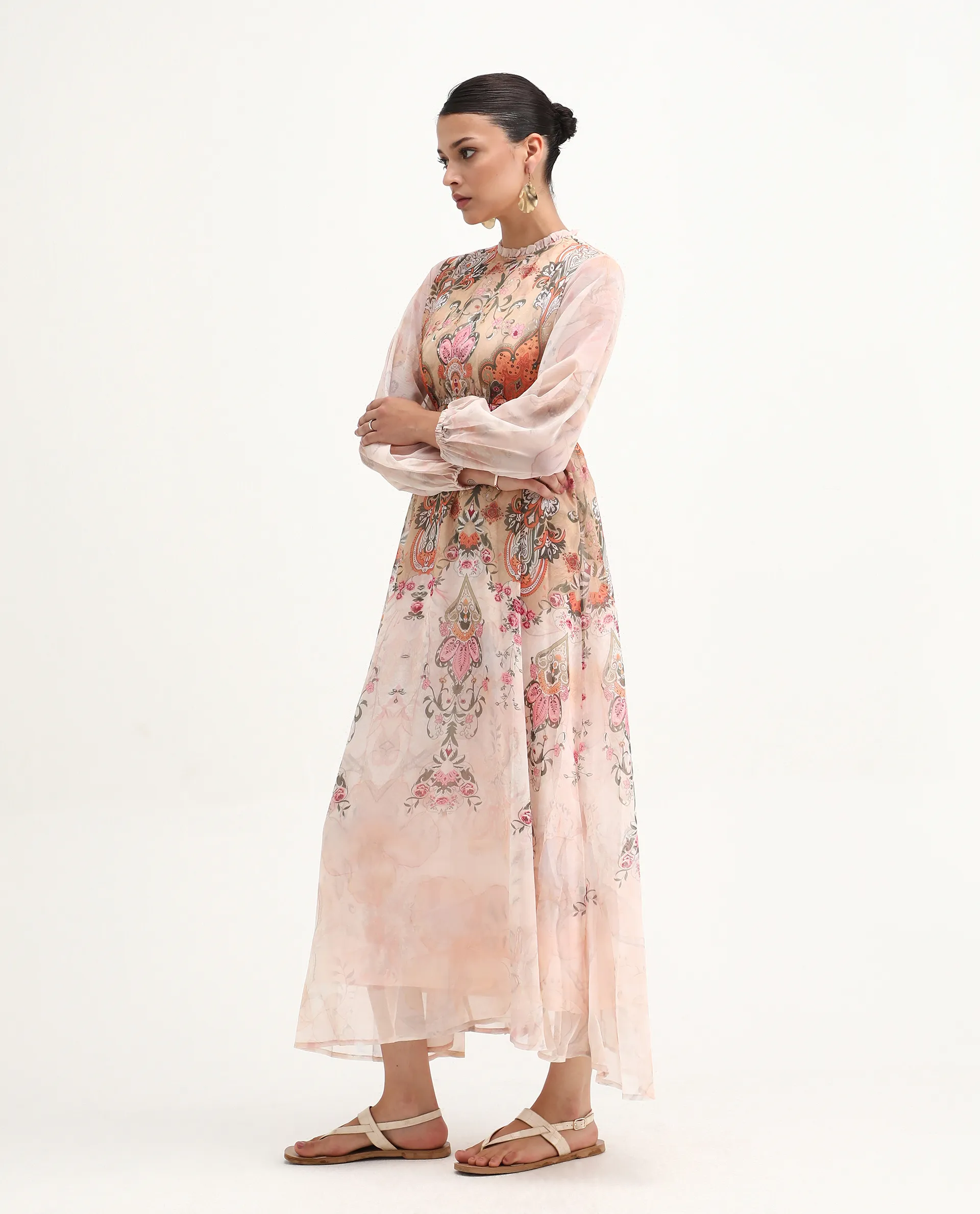 Rareism Women's Ronav Beige Polyester Ruffled Neck Floral Print Bishop Sleeve Maxi Fit And Flare Dress - Image 5
