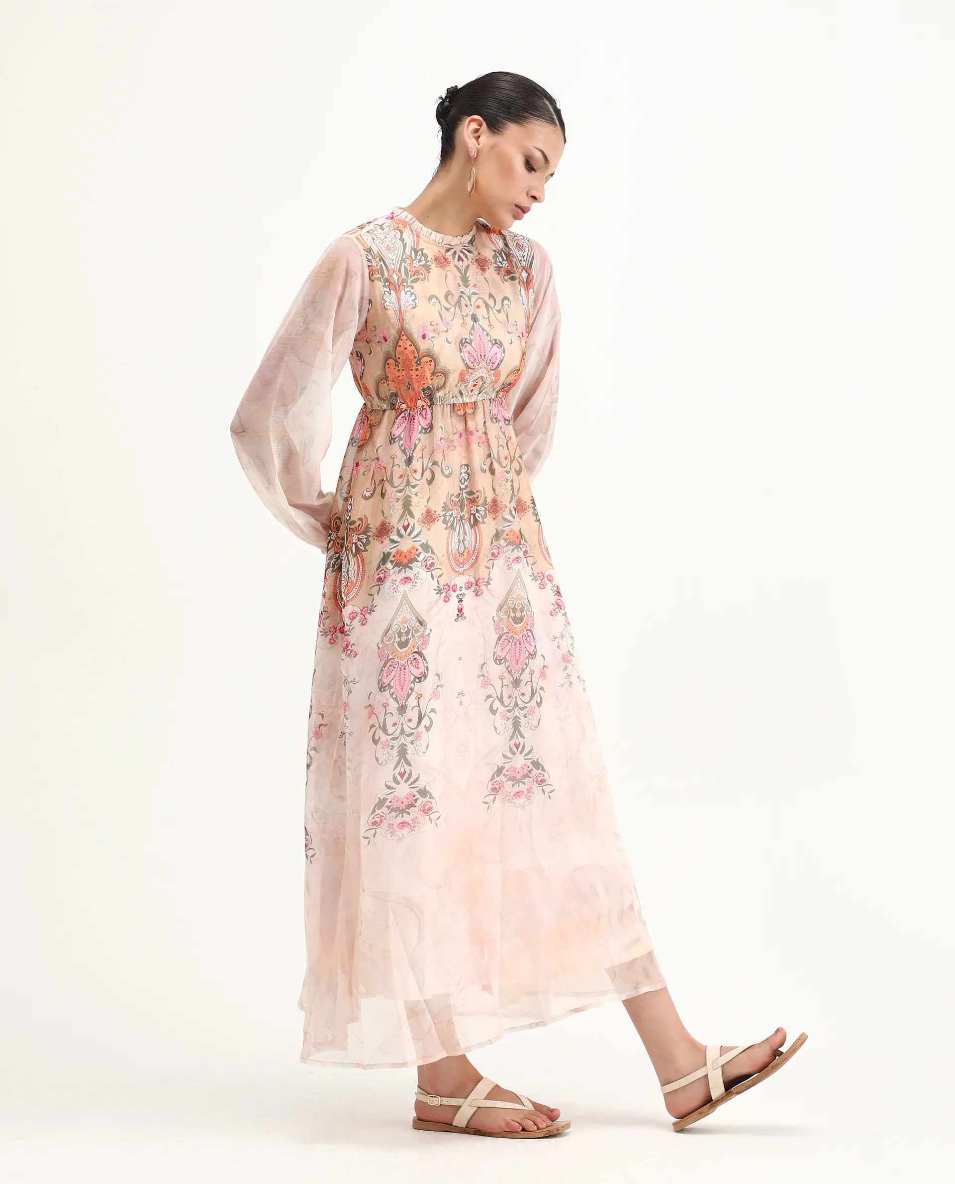 Rareism Women's Ronav Beige Polyester Ruffled Neck Floral Print Bishop Sleeve Maxi Fit And Flare Dress - Image 6