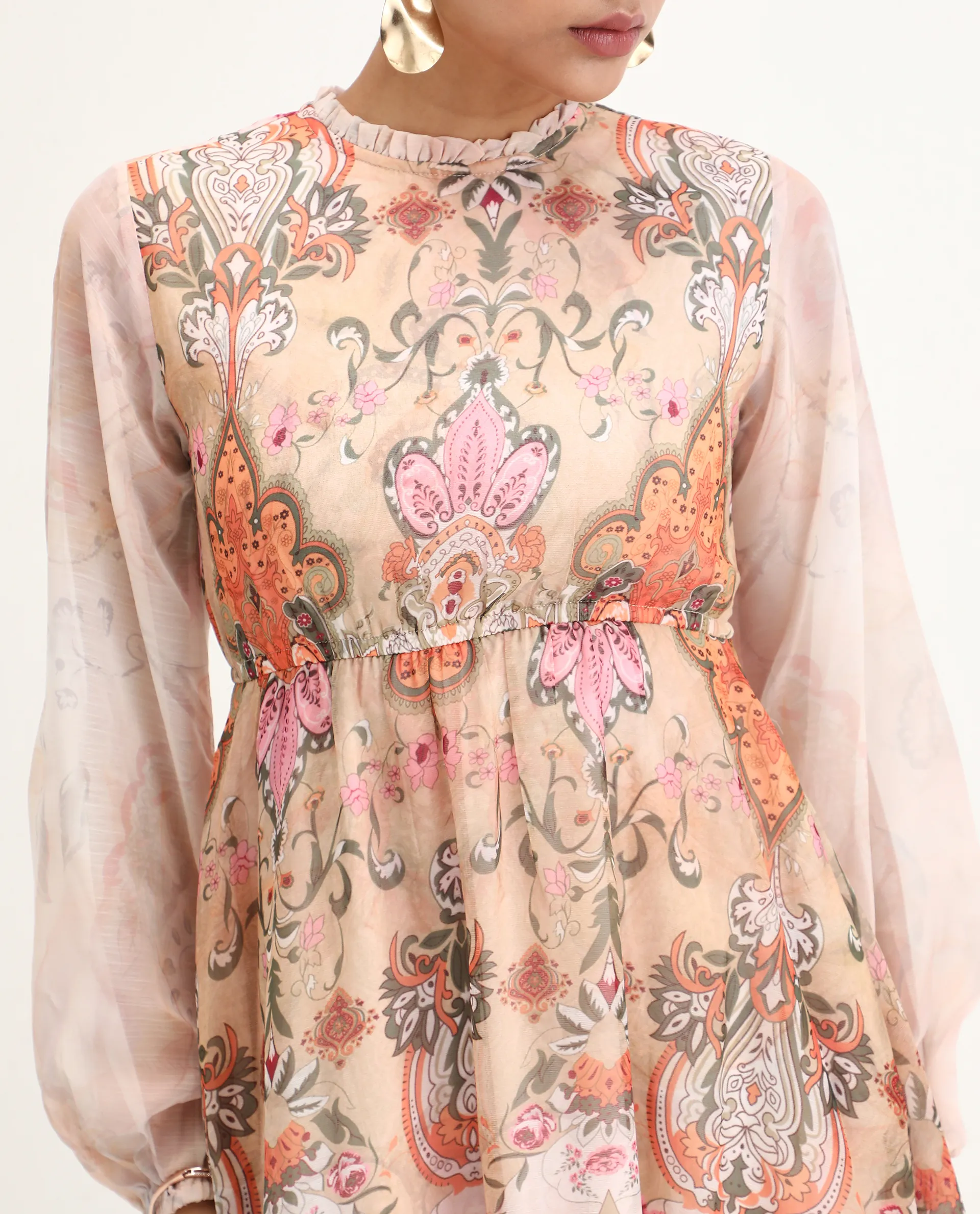 Rareism Women's Ronav Beige Polyester Ruffled Neck Floral Print Bishop Sleeve Maxi Fit And Flare Dress - Image 7