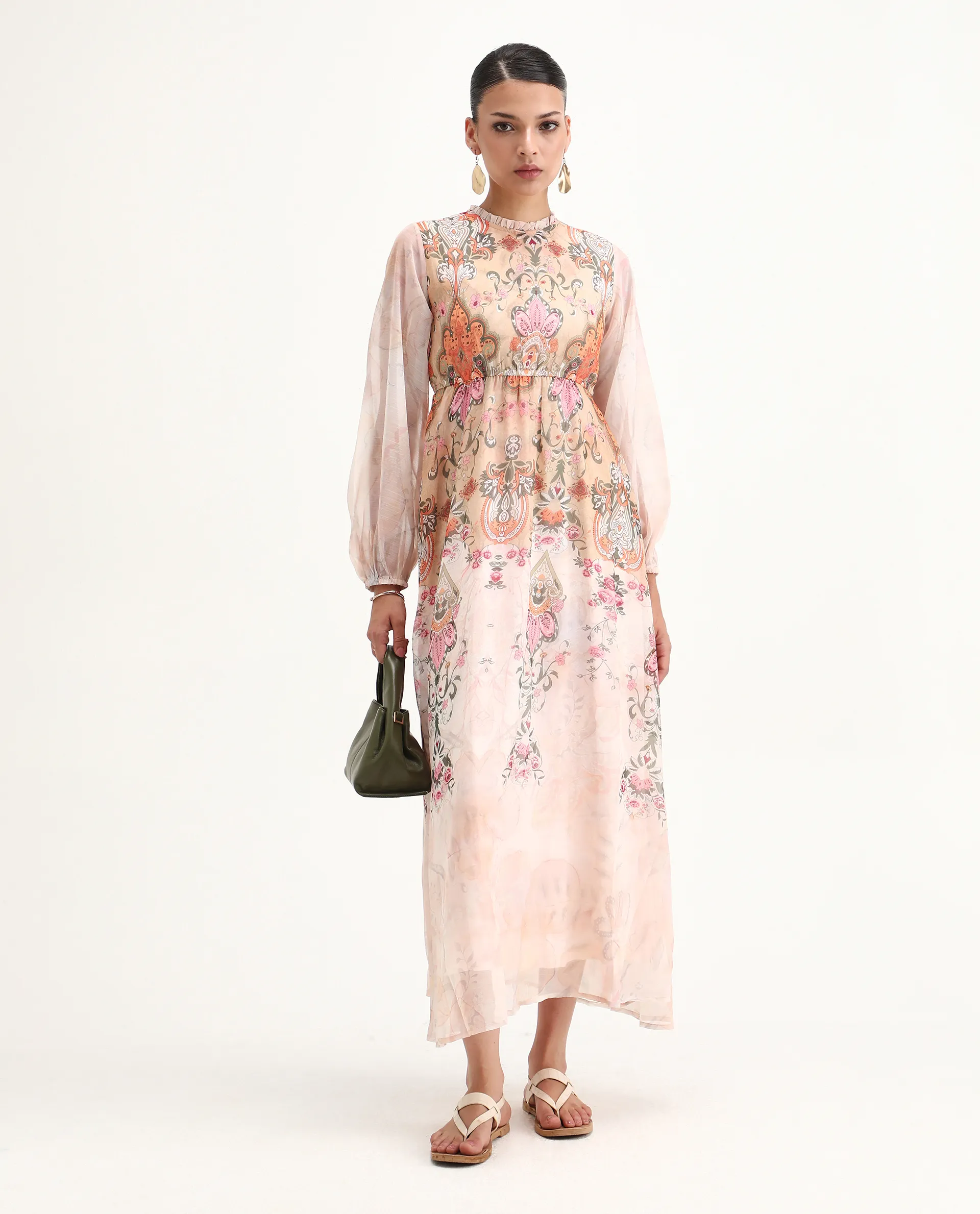 Rareism Women's Ronav Beige Polyester Ruffled Neck Floral Print Bishop Sleeve Maxi Fit And Flare Dress - Image 8
