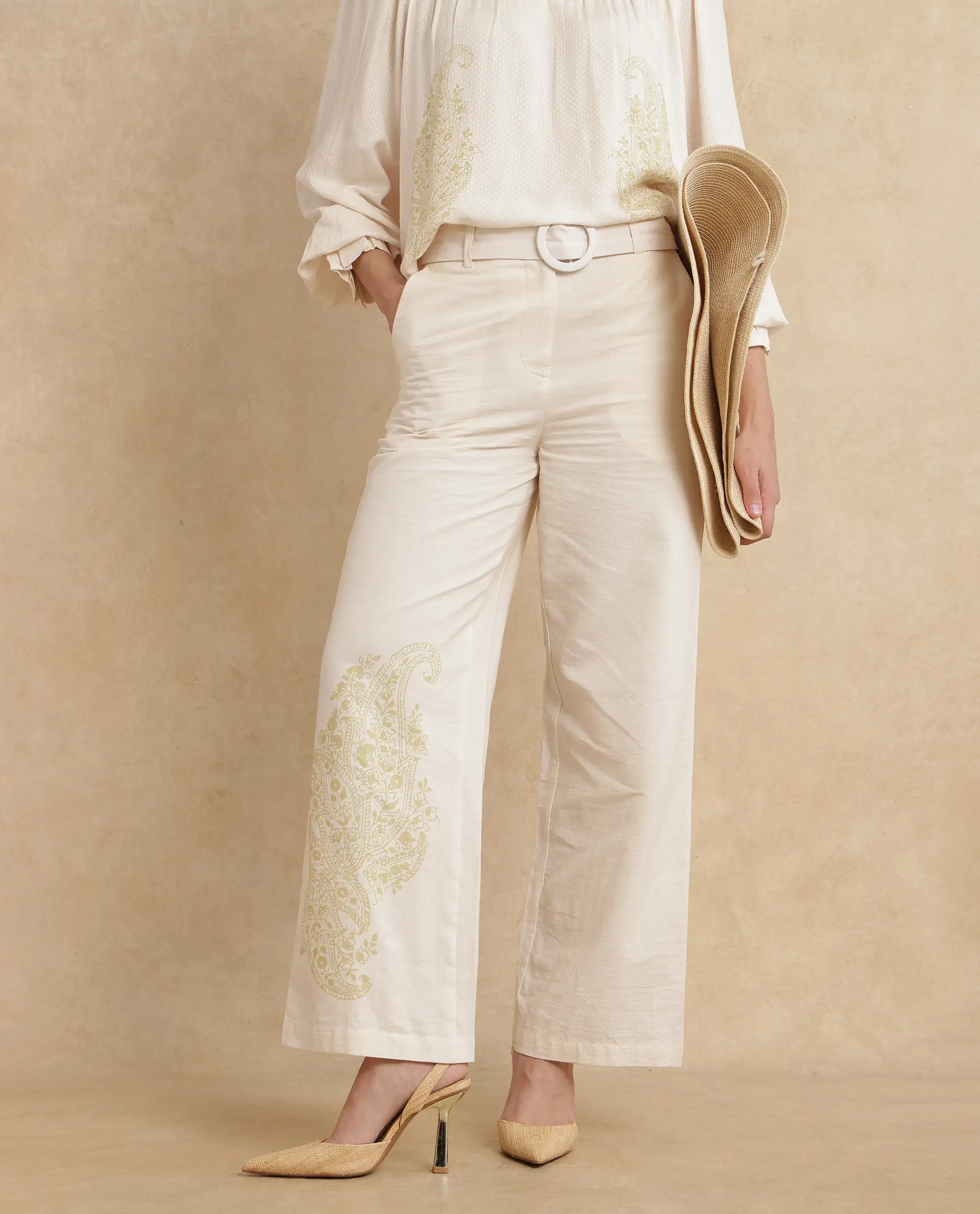 Rareism Women's Ronavi B Beige Cotton Paisley Print Ankle Length Wide Trouser - Image 2